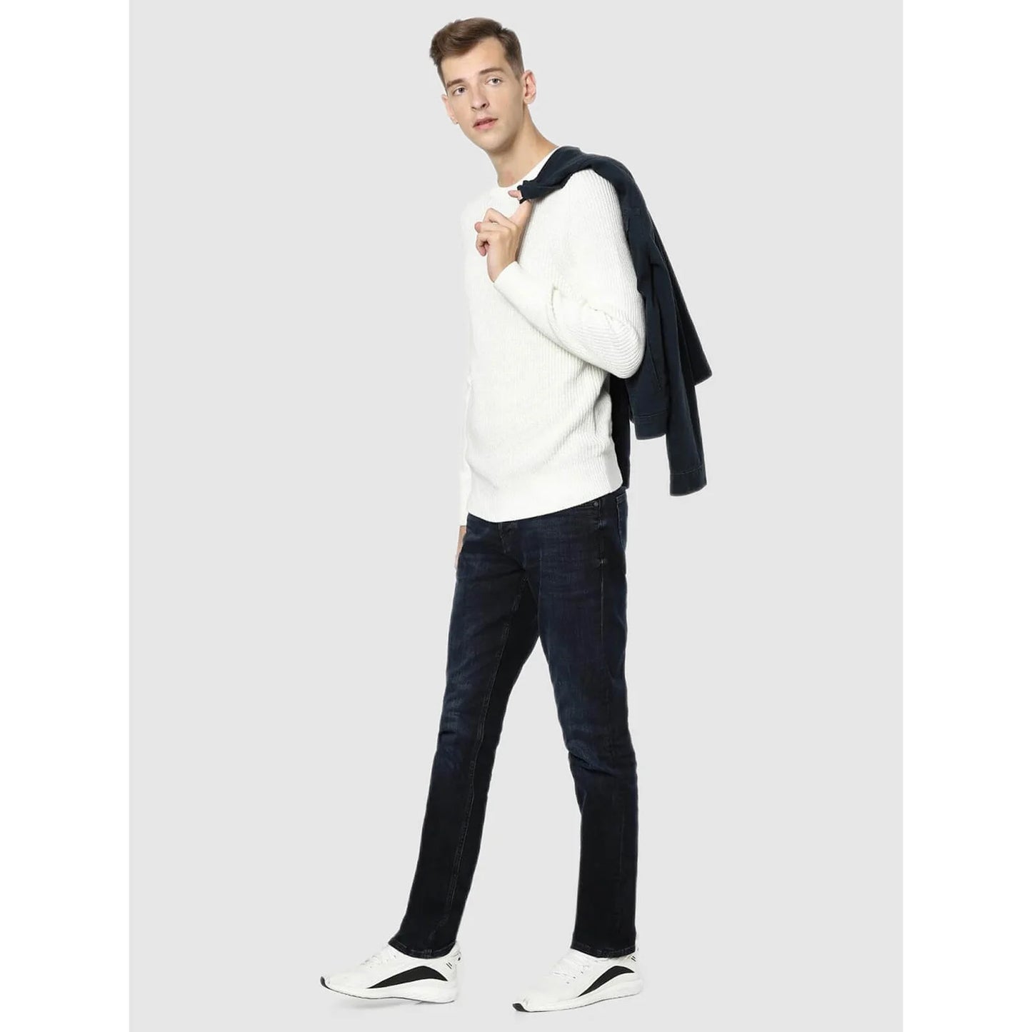 Celio* Checked Regular Fit Cotton White Sweater