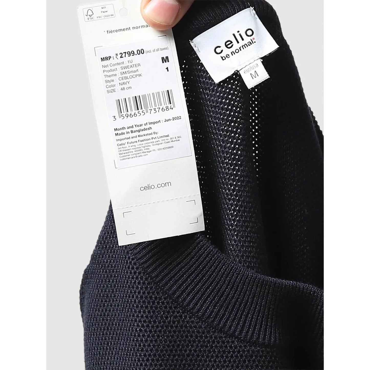 Celio* Colourblock Regular Fit Cotton Navy Blue Sweater
