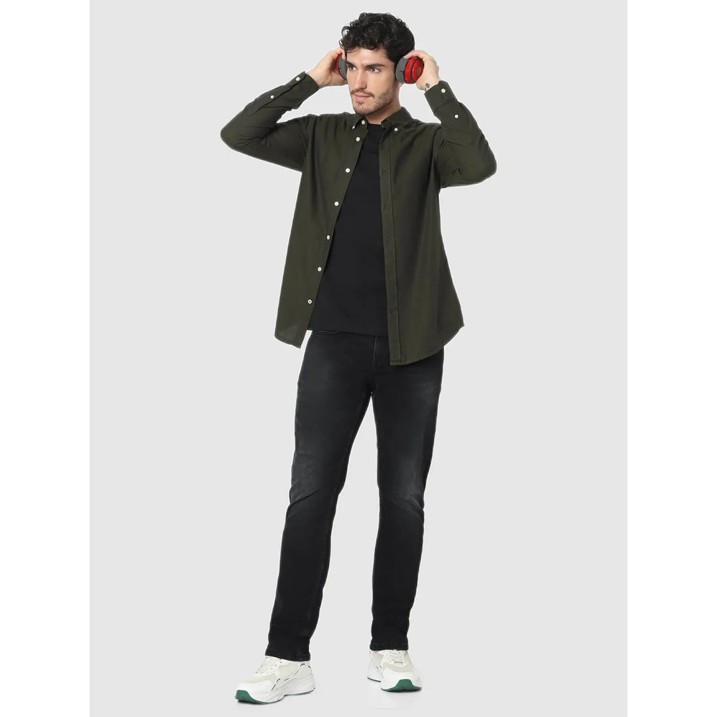 Celio* Solid Regular Fit Cotton Green Shirt
