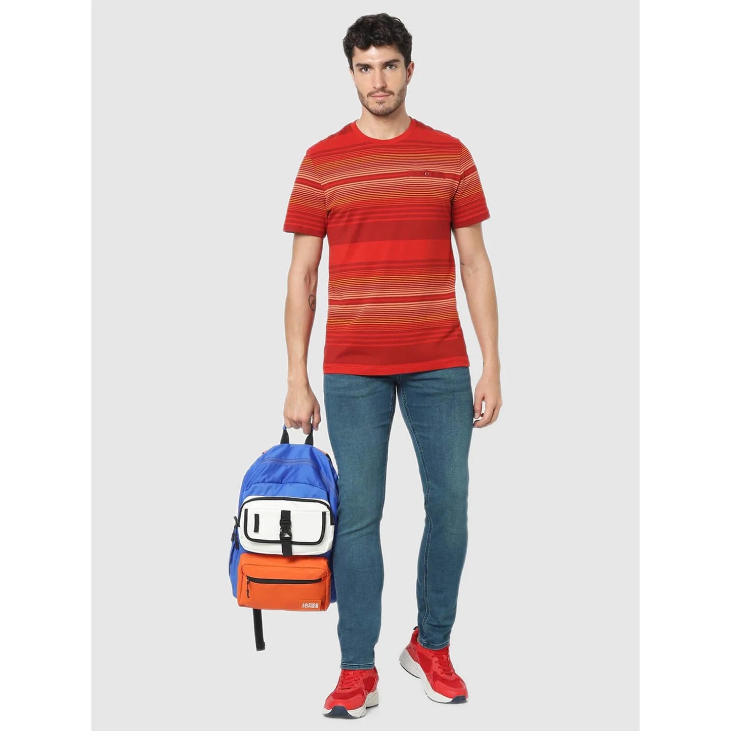Celio* Striped Regular Fit Cotton Red T-Shirt