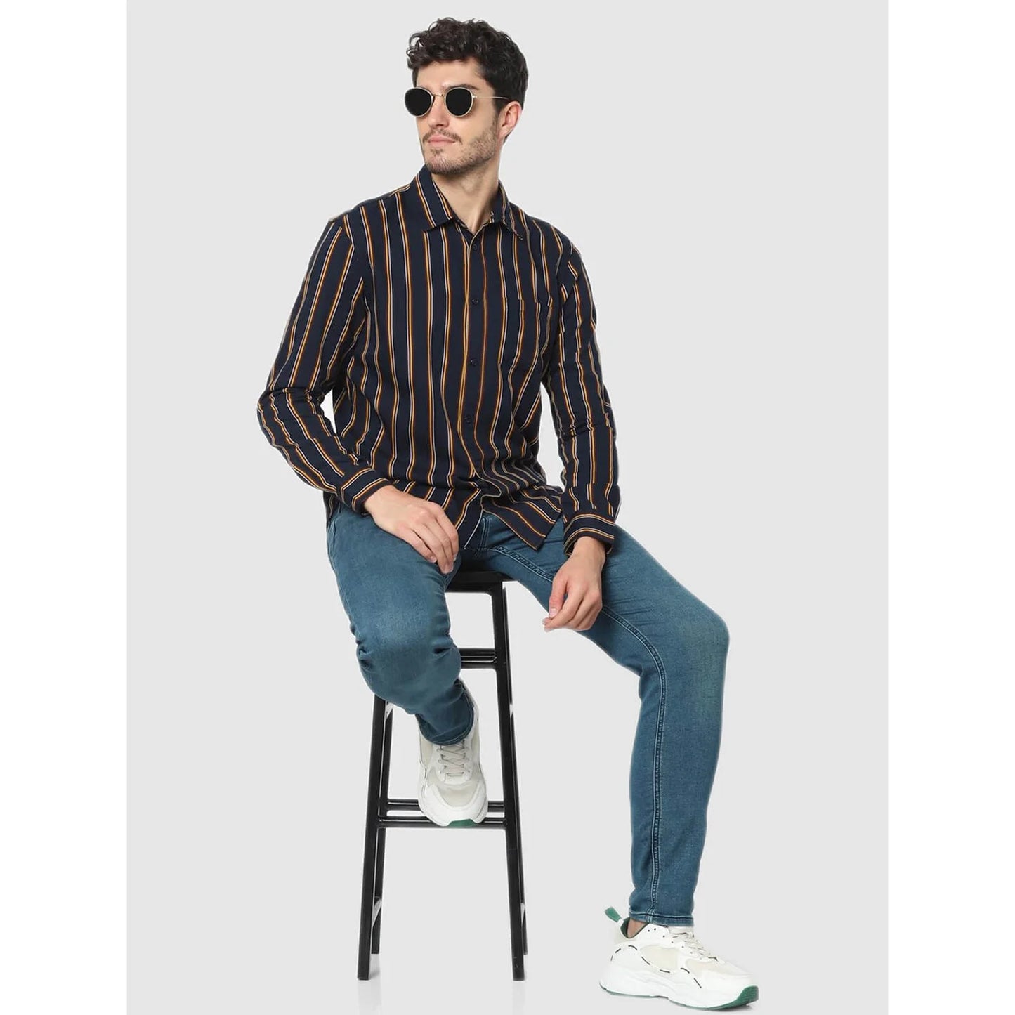 Celio* Striped Regular Fit Cotton Navy Blue Shirt