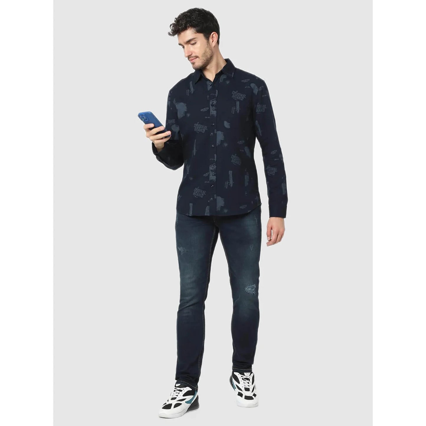 Celio* Printed Regular Fit Cotton Navy Blue Shirt