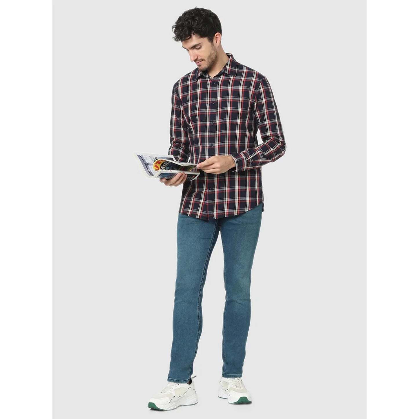 Celio* Checked Regular Fit Cotton Navy Blue Shirt