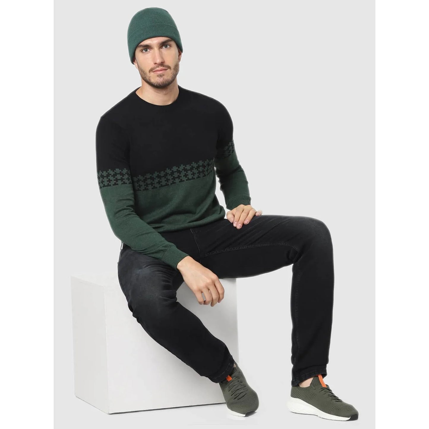 Celio* Geometric Regular Fit Cotton Green Sweater
