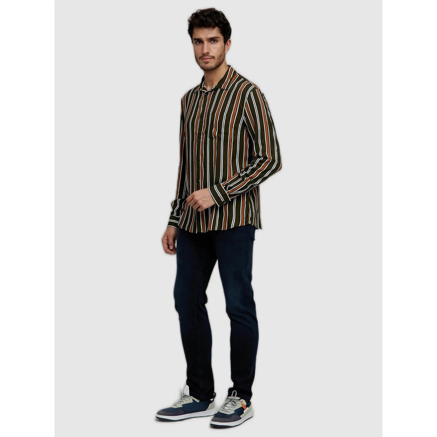 Celio* Striped Regular Fit Viscose Green Shirt