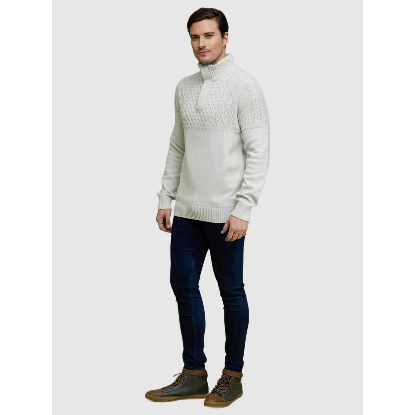 Celio* Solid Regular Fit Cotton-Blend Off White Sweater