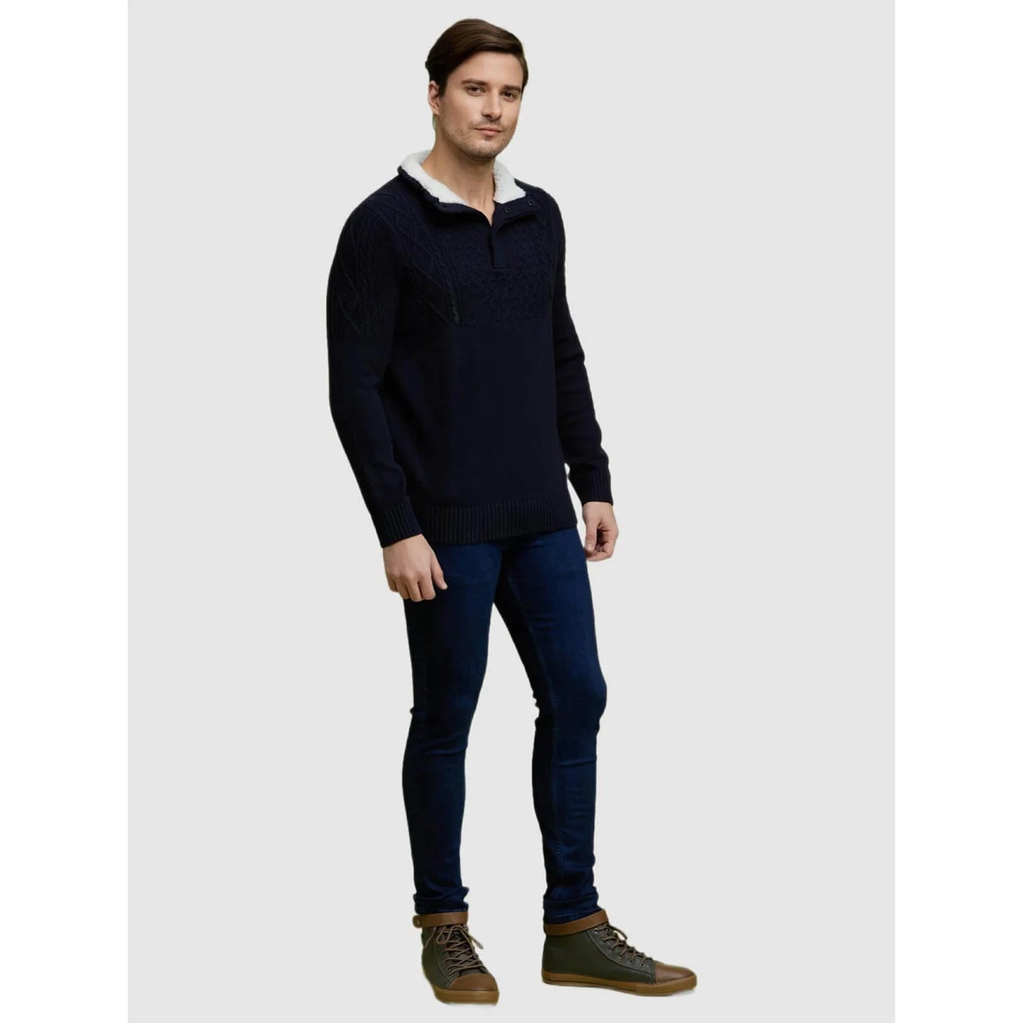 Celio* Solid Regular Fit Cotton-Blend Navy Blue Sweater