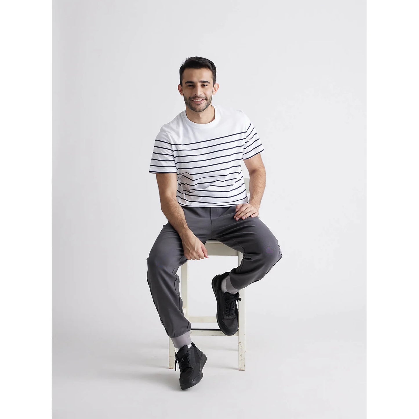 Celio* Striped Regular Fit Cotton White T-Shirts