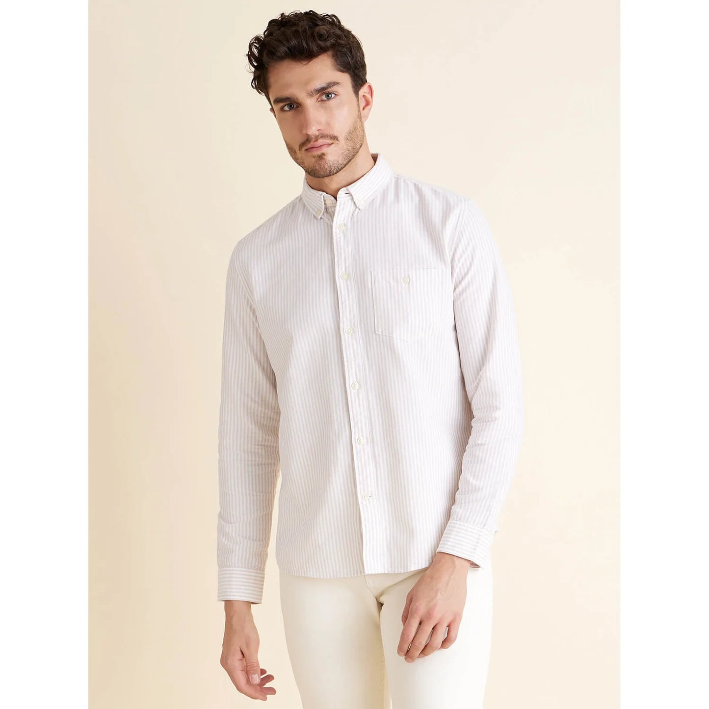Celio* Striped Regular Fit Cotton Beige Shirt