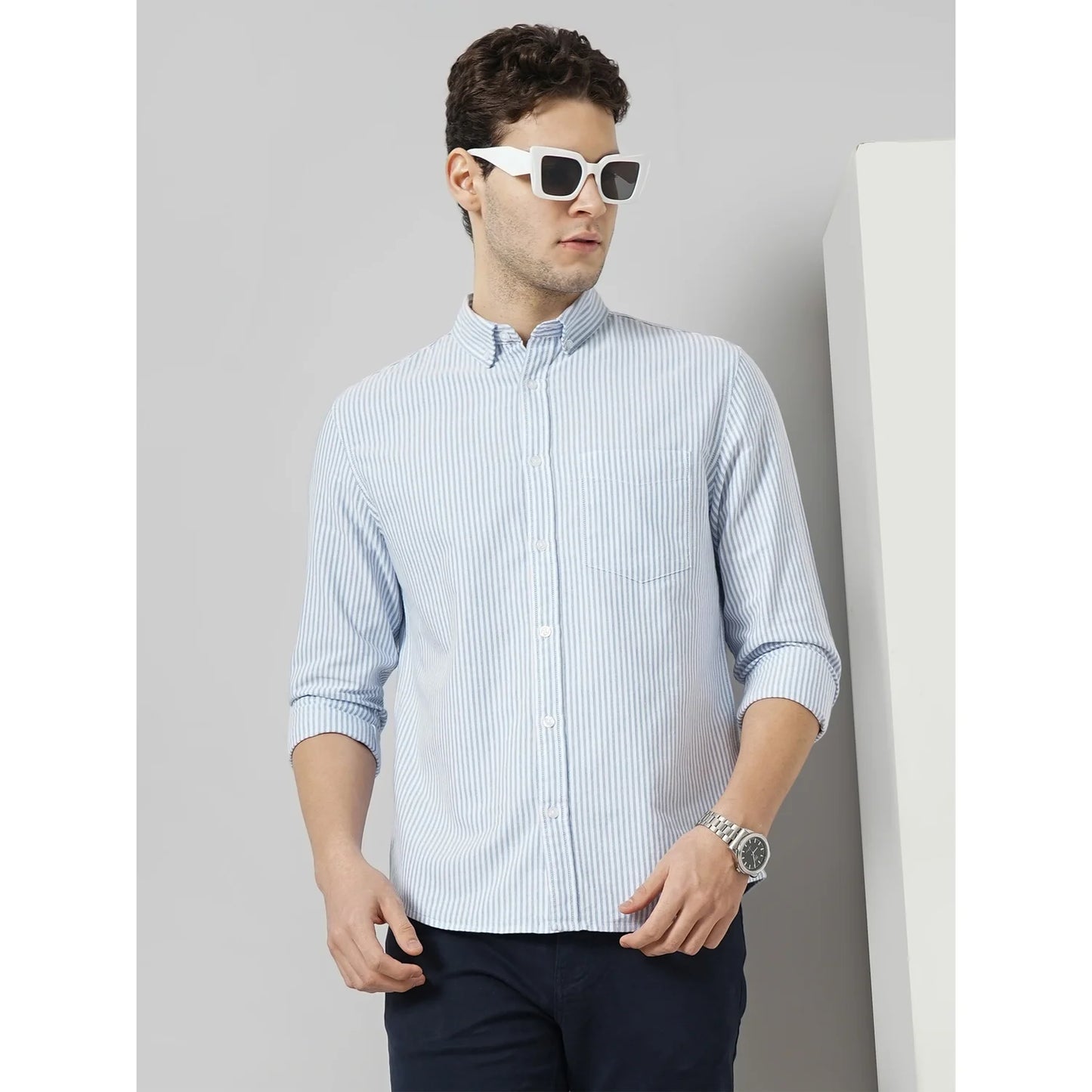 Celio* Striped Regular Fit Cotton Blue Shirt