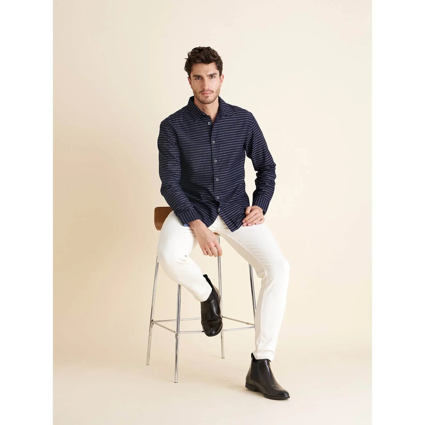 Celio* Striped Regular Fit Cotton-Blend Navy Blue Shirt