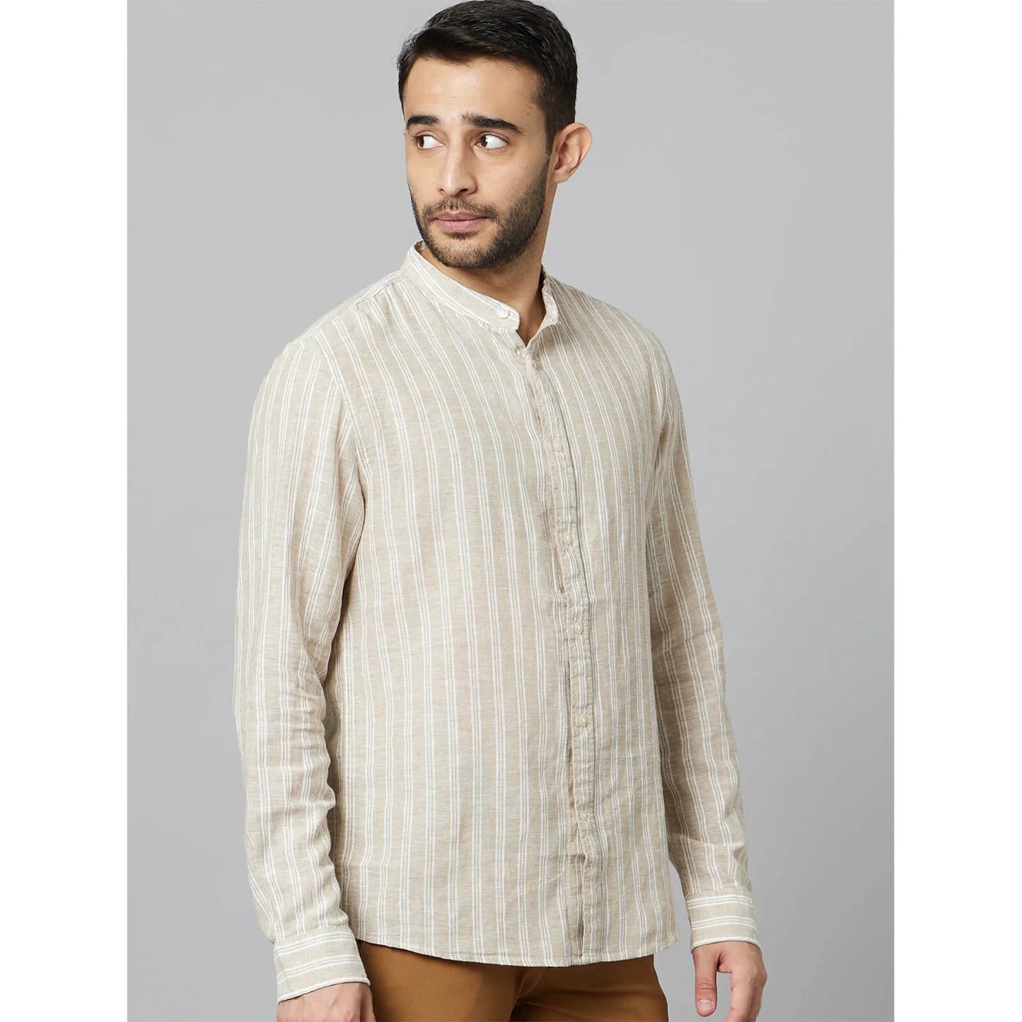 Celio* Striped Regular Fit Cotton-Linen-Blend Beige Shirt