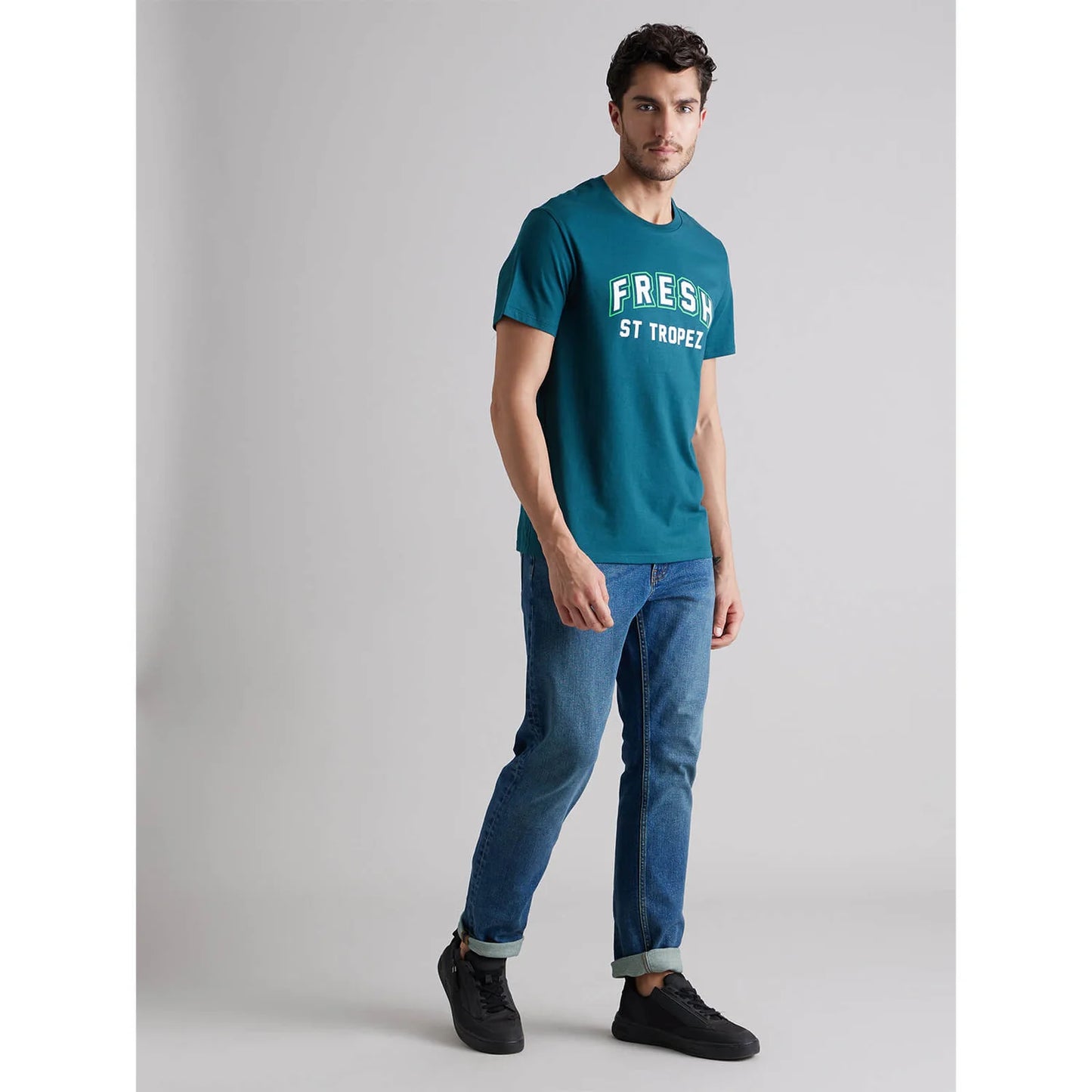 Celio* Graphics Regular Fit Cotton Teal T-Shirt