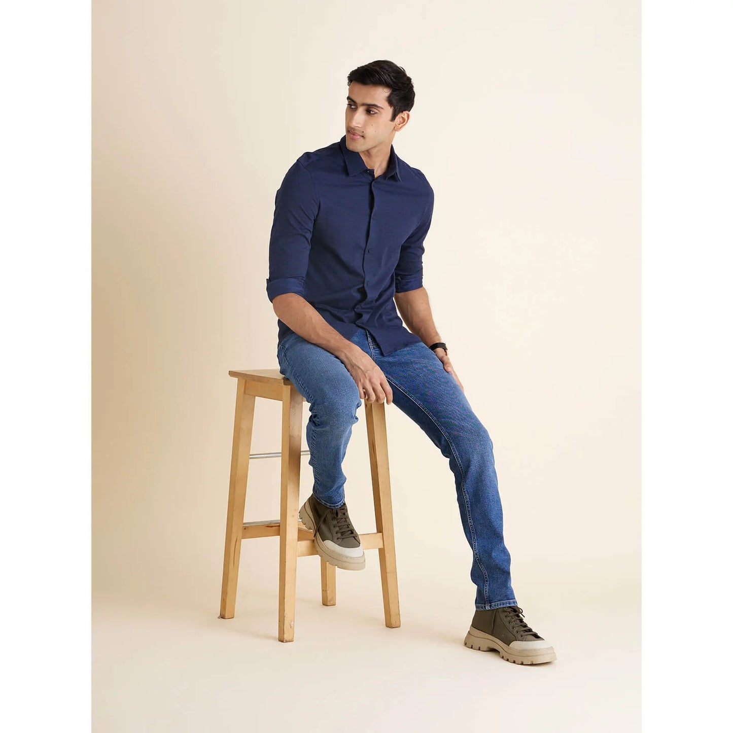 Celio* Solid Regular Fit Cotton Navy Blue Shirt