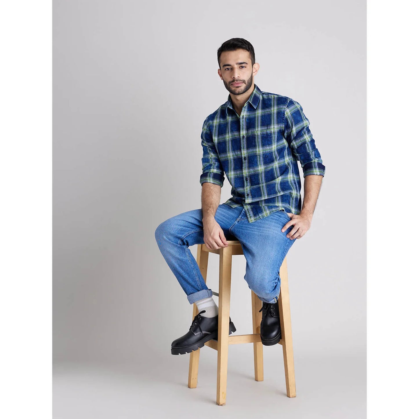 Celio* Checked Regular Fit Cotton Blue Shirt