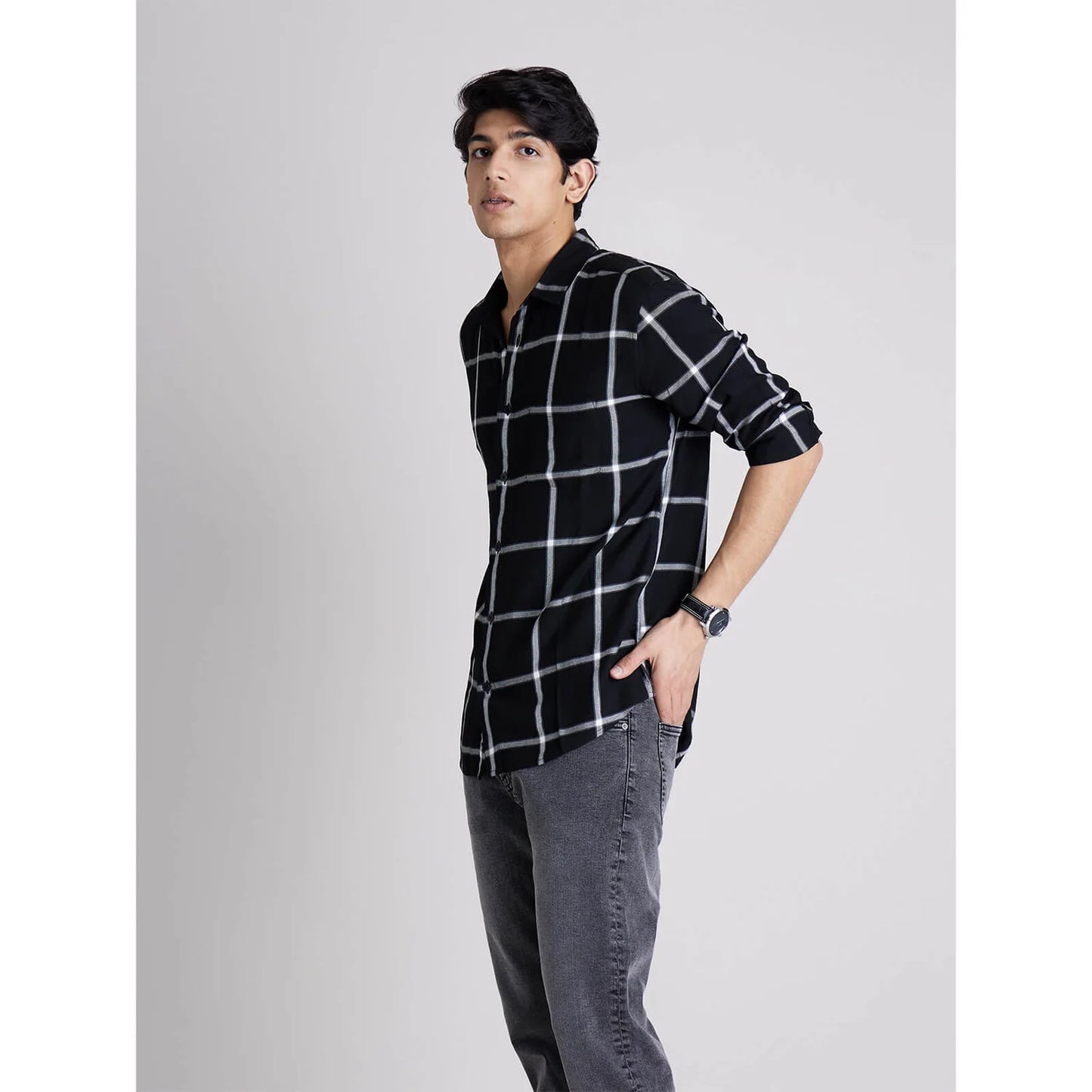 Celio* Checked Regular Fit Viscose Black Shirt