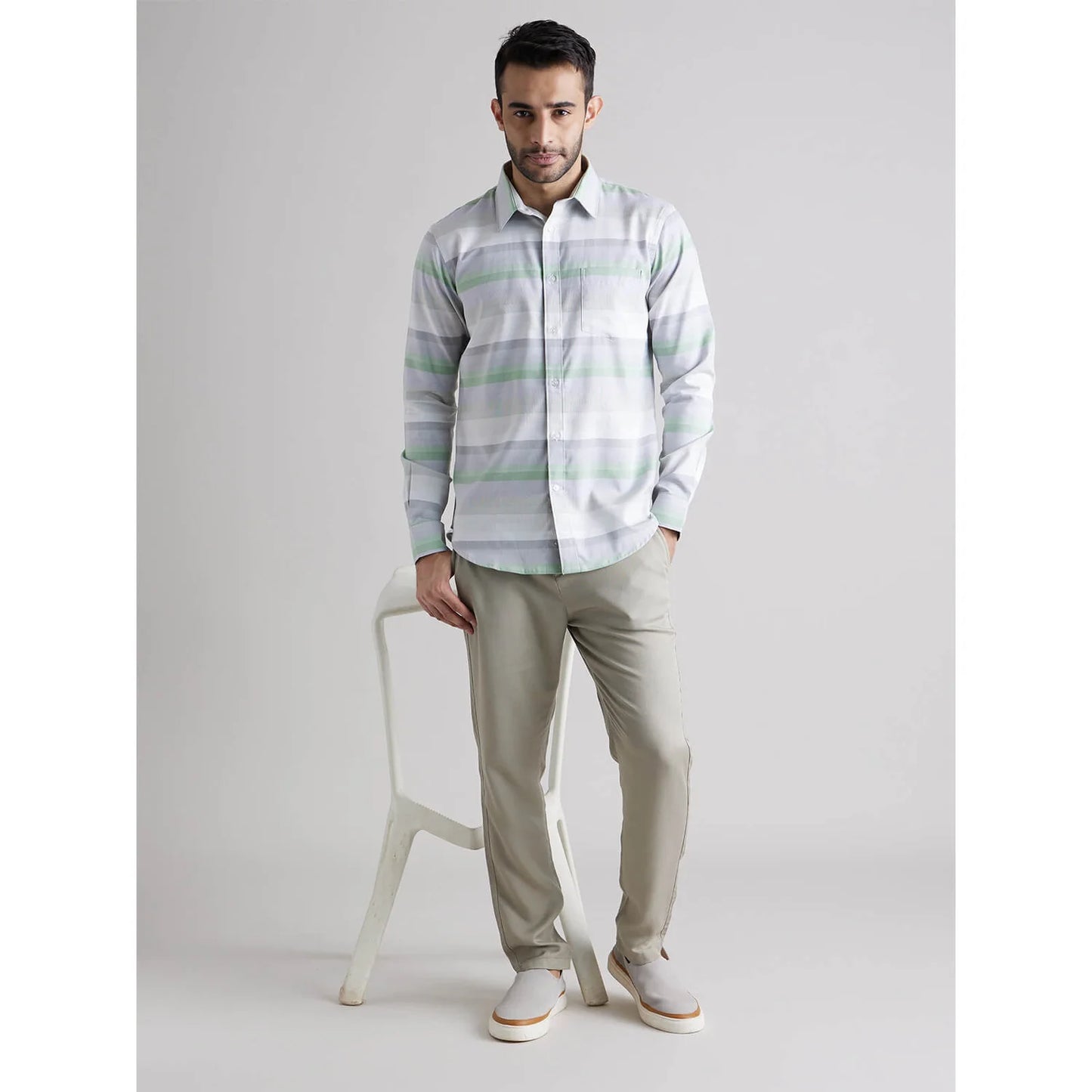 Celio* Striped Regular Fit Cotton Green Shirt