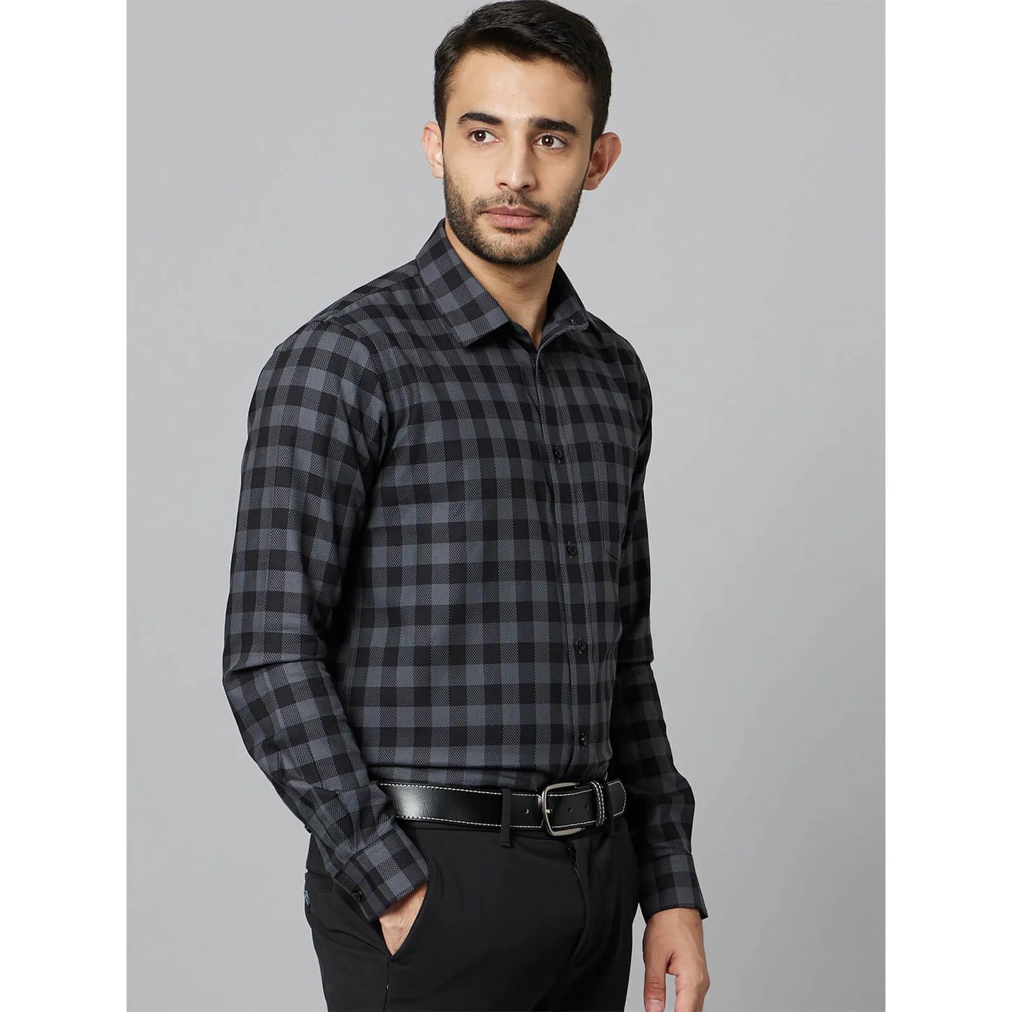 Celio* Checked Regular Fit Cotton Black Formal Shirt