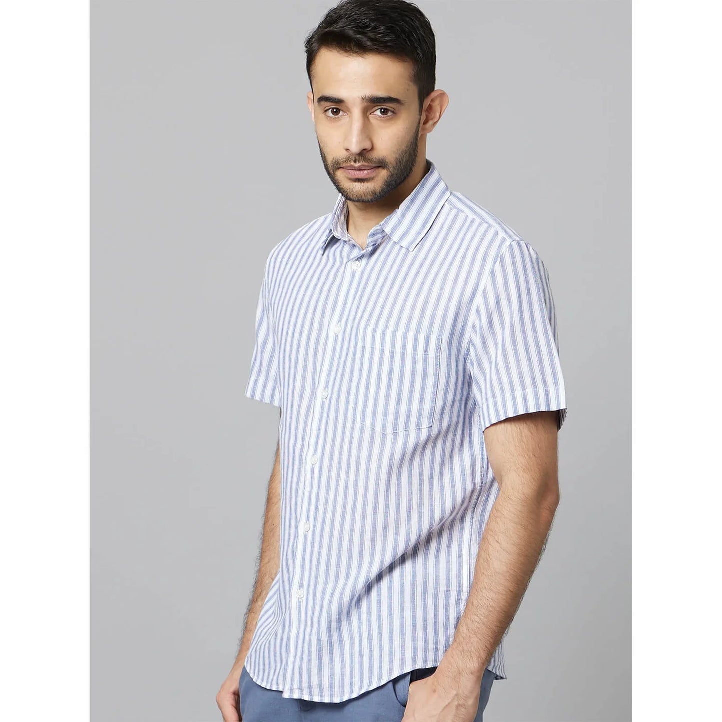 Celio* Striped Regular Fit Linen-Blend Blue Shirt