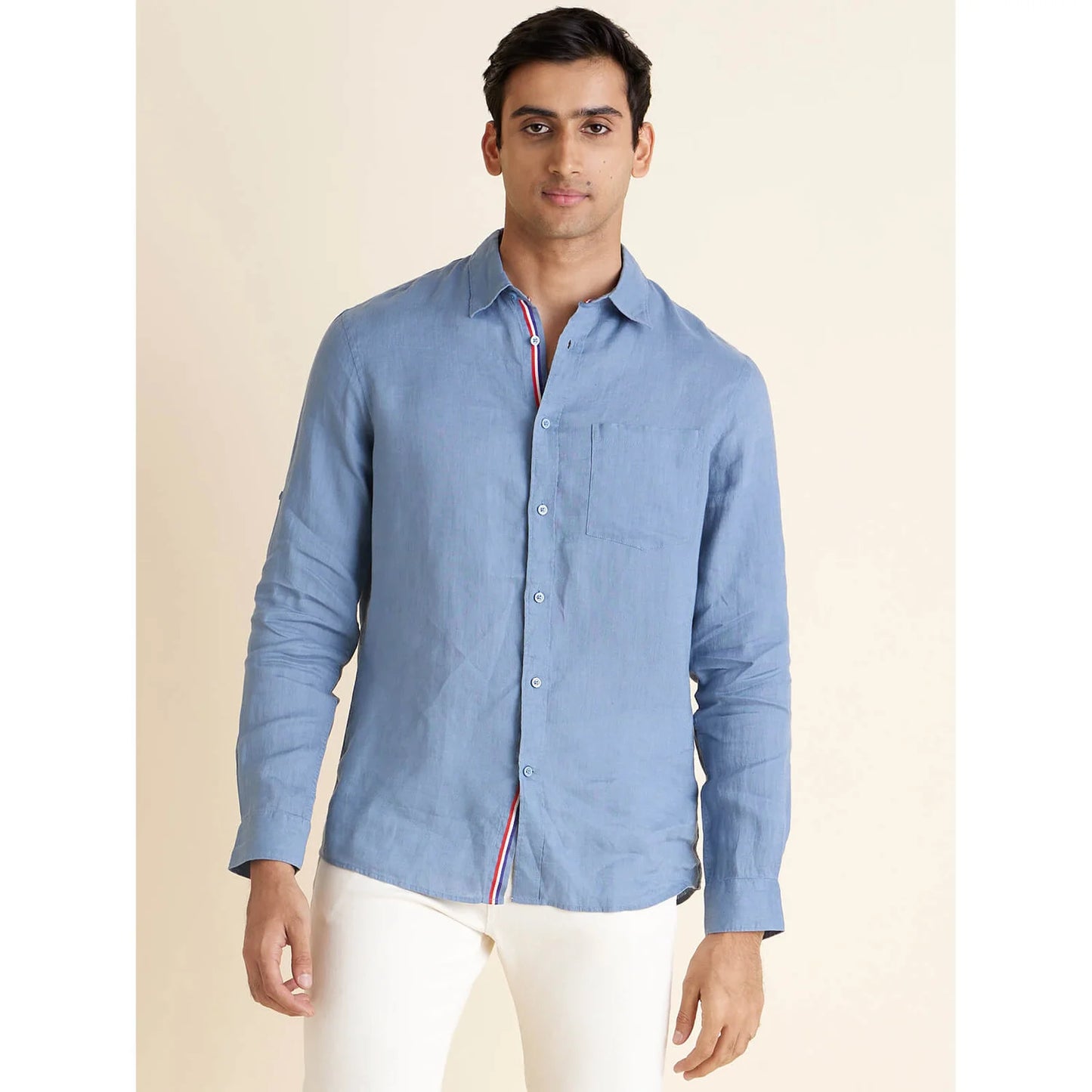 Celio* Solid Regular Fit Linen Blue Shirt