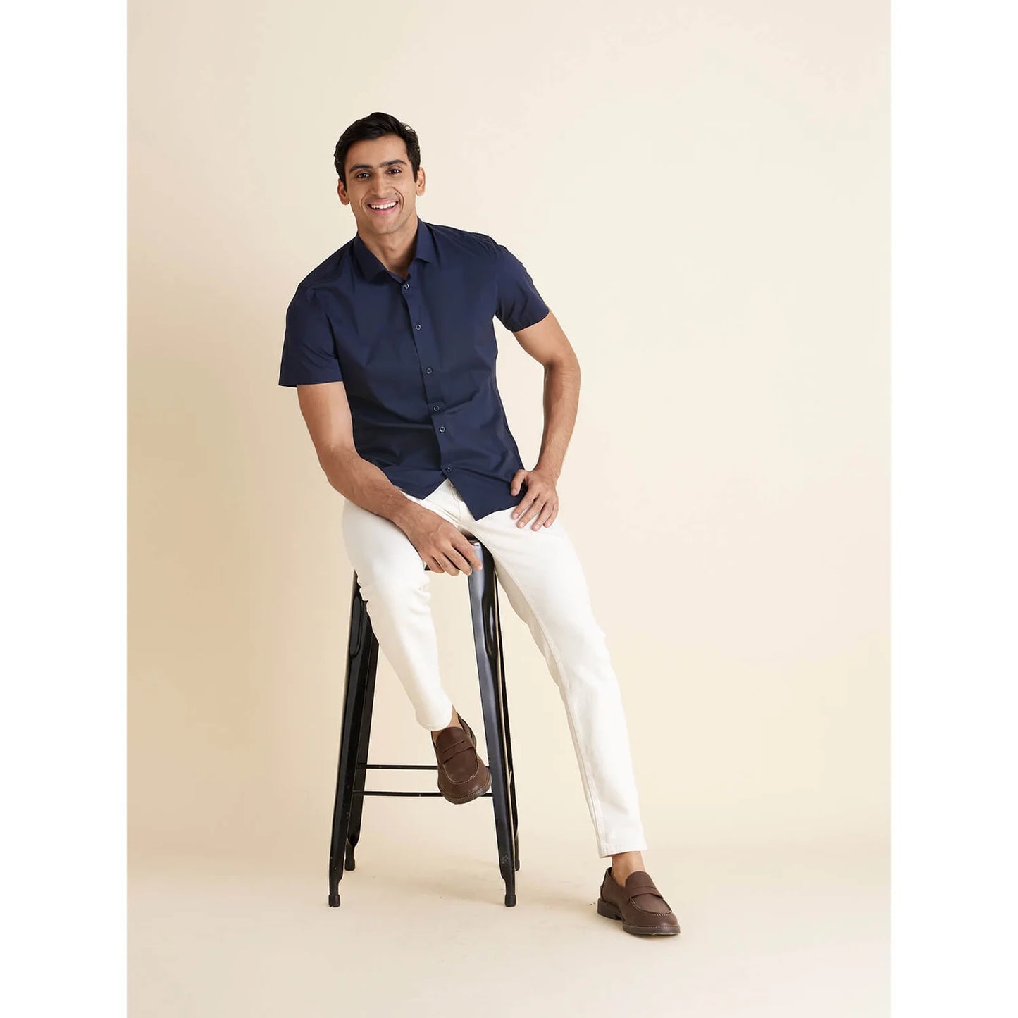 Celio* Solid Regular Fit Poly-Cotton Navy Blue Shirt