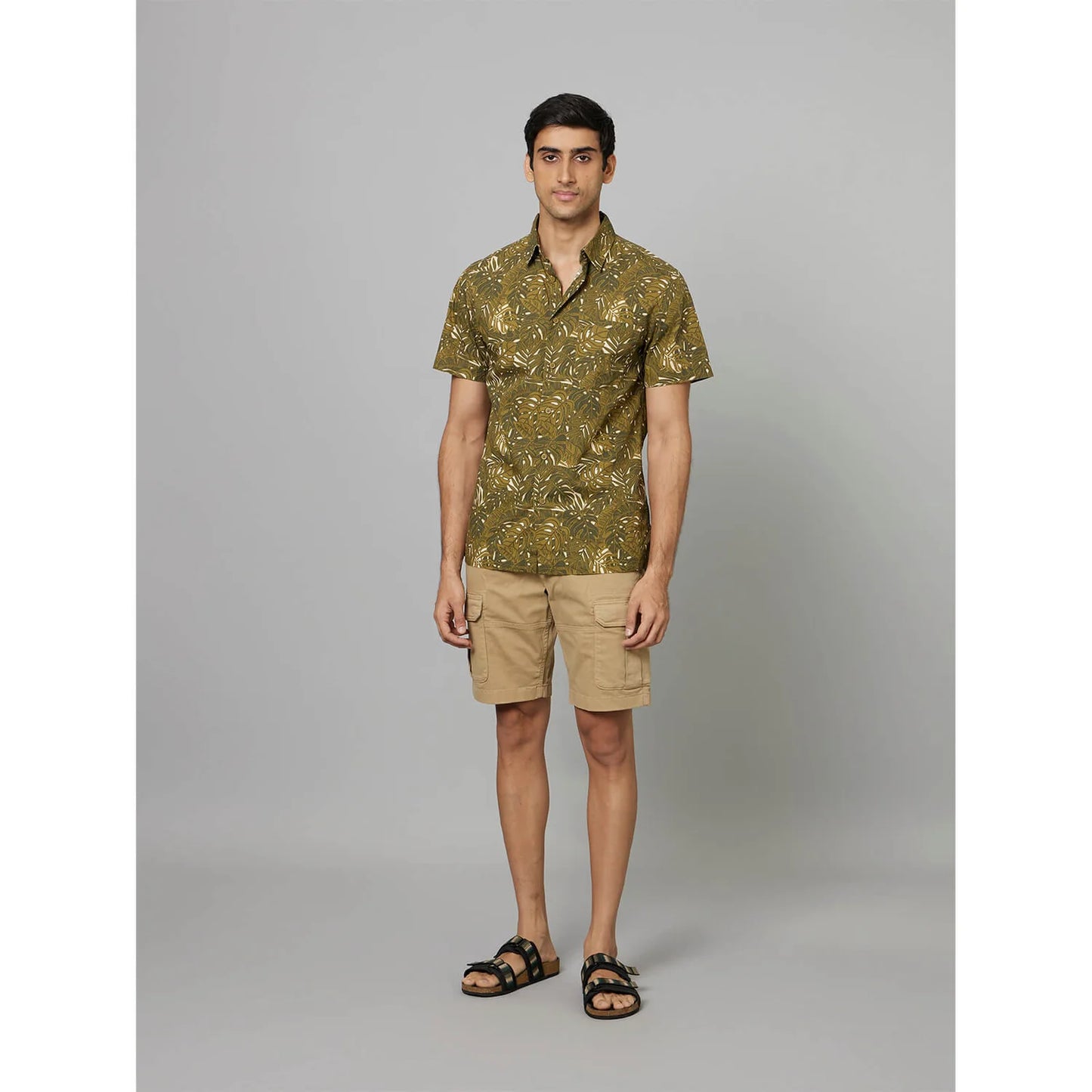 Celio* Tropical Regular Fit Cotton Olive Shirt