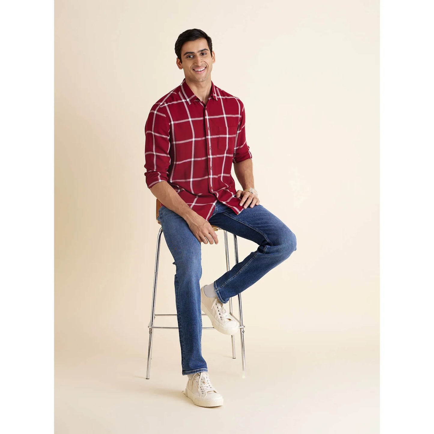 Celio* Checked Regular Fit Viscose Burgundy Shirt