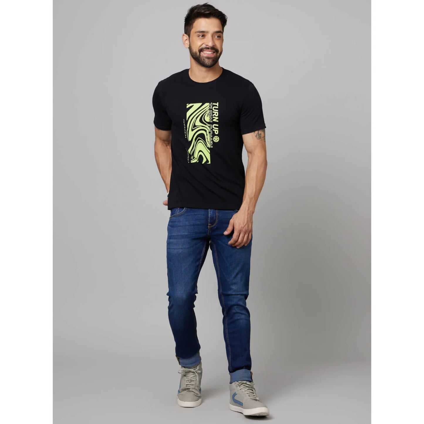 Celio* Printed Regular Fit Cotton Black T-Shirt