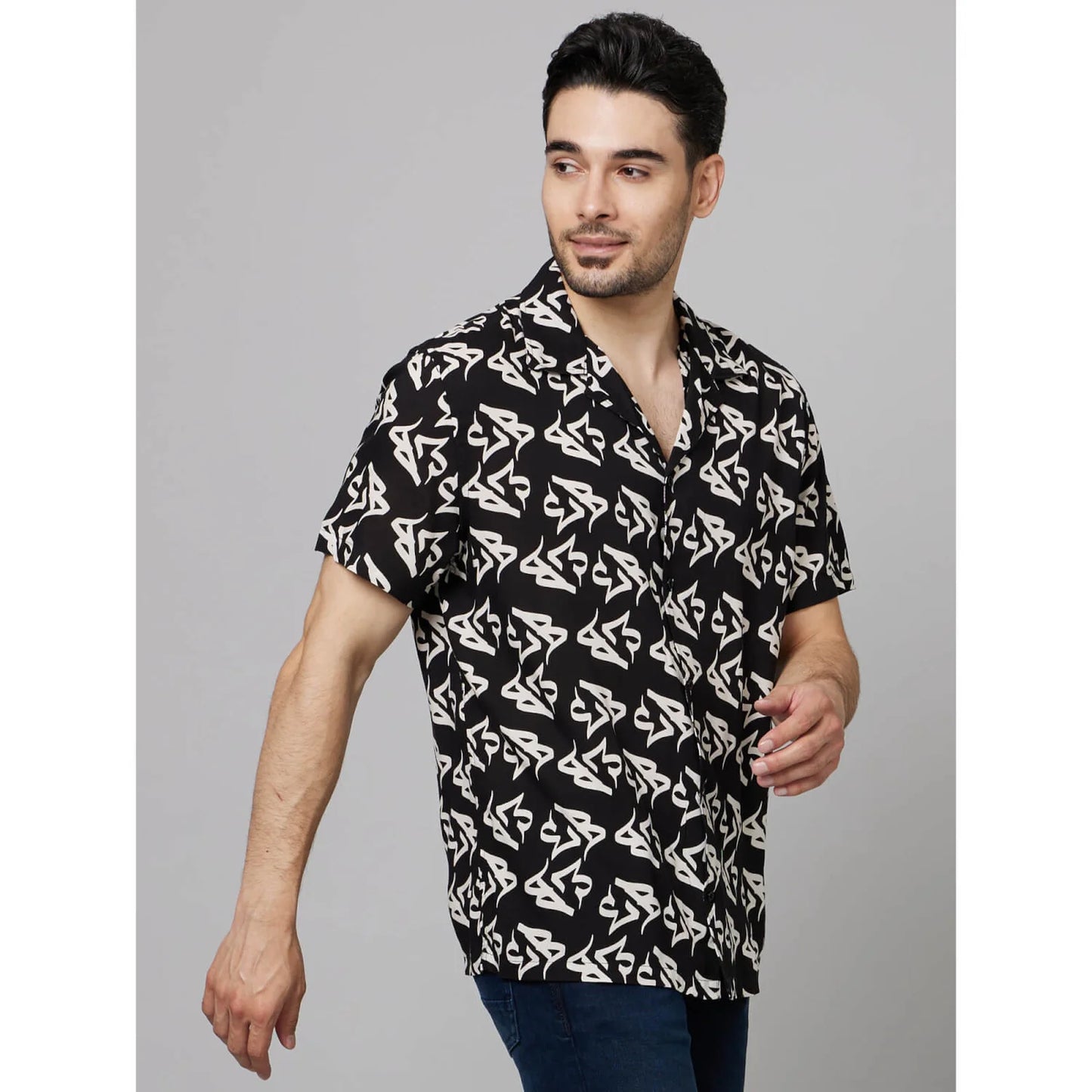 Celio* Printed Comfort Fit Cotton Black Shirt