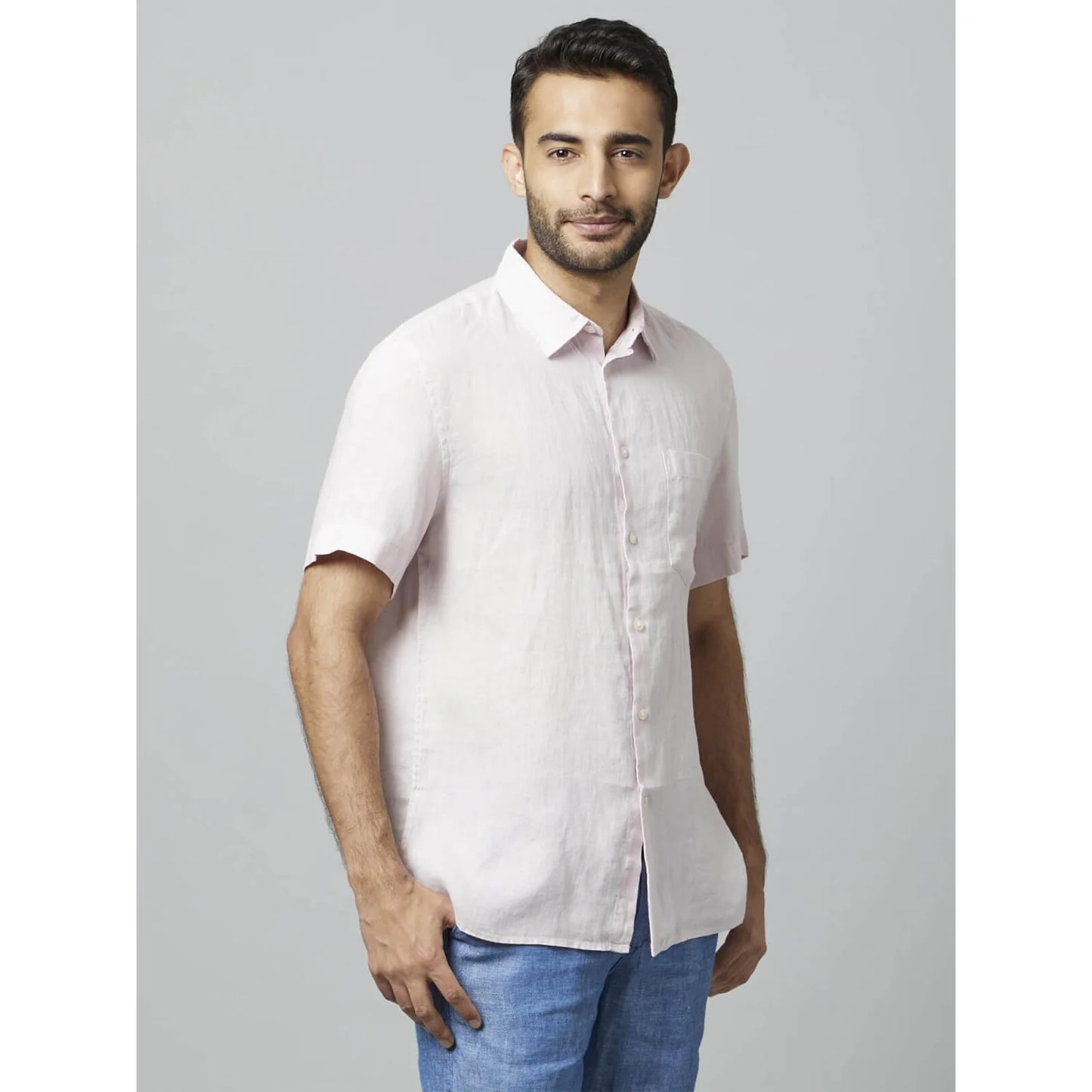 Celio* Solid Regular Fit Linen Pink Shirt