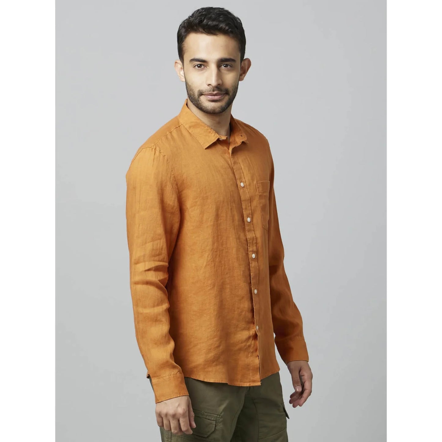 Celio* Solid Regular Fit Linen Orange Shirt