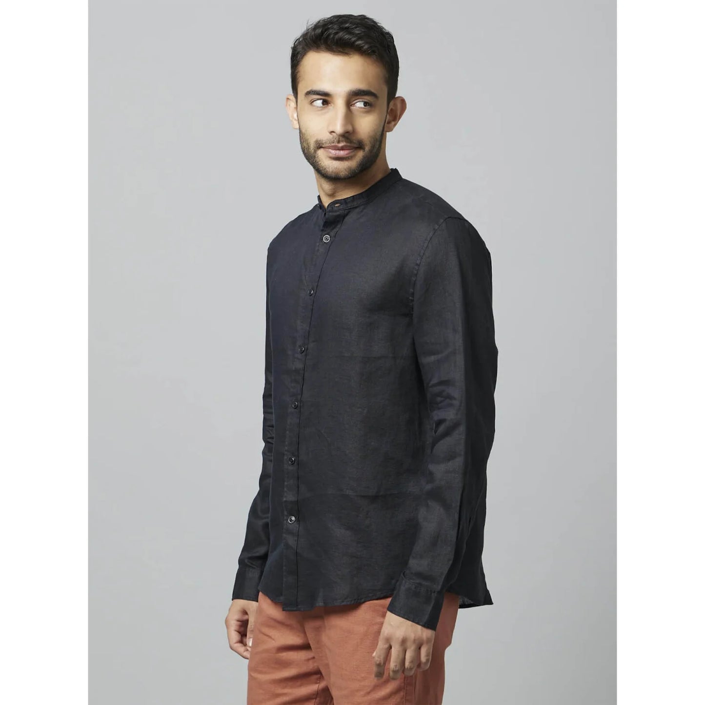 Celio* Solid Regular Fit Linen Black Shirt