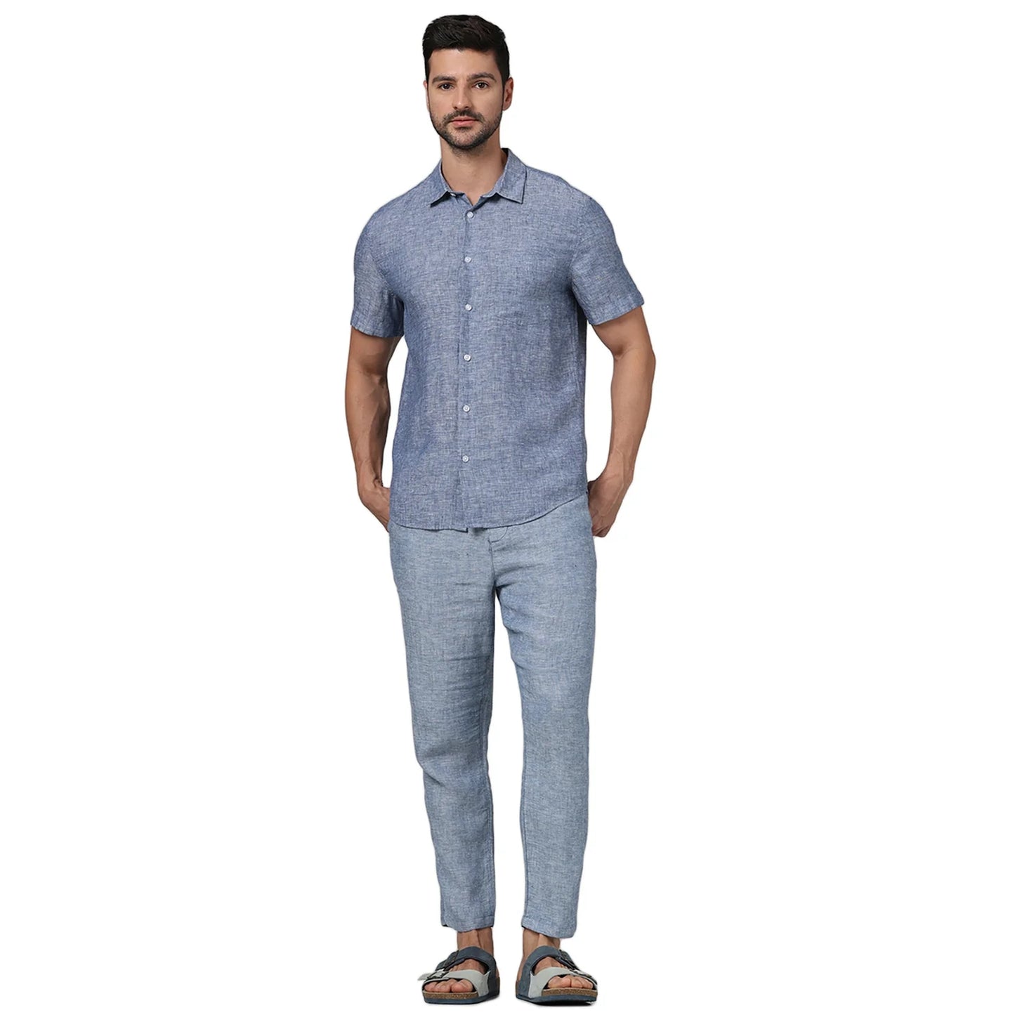 Celio* Solid Regular Fit Linen Blue Shirt