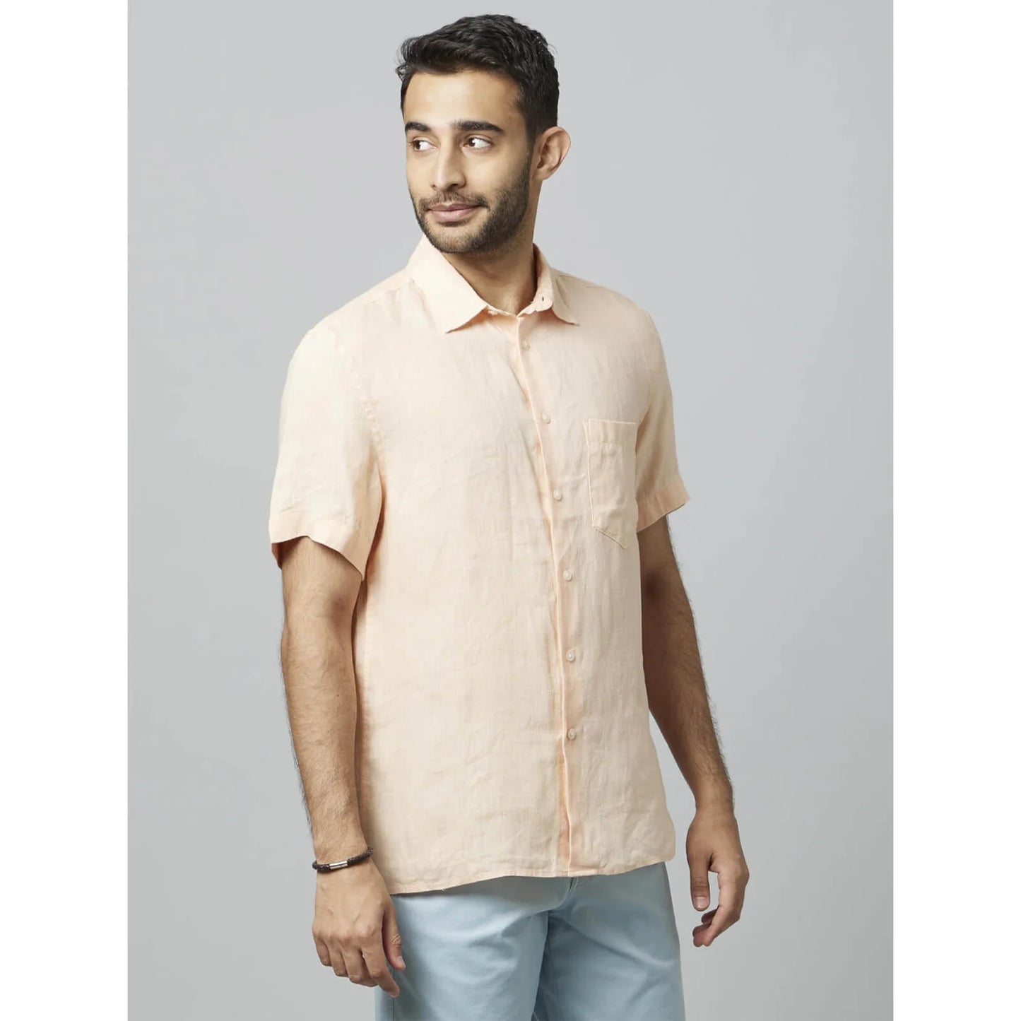 Celio* Solid Regular Fit Linen Peach Shirt