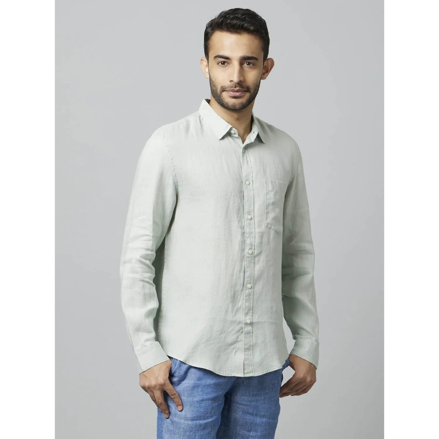 Celio* Solid Regular Fit Linen Green Shirt