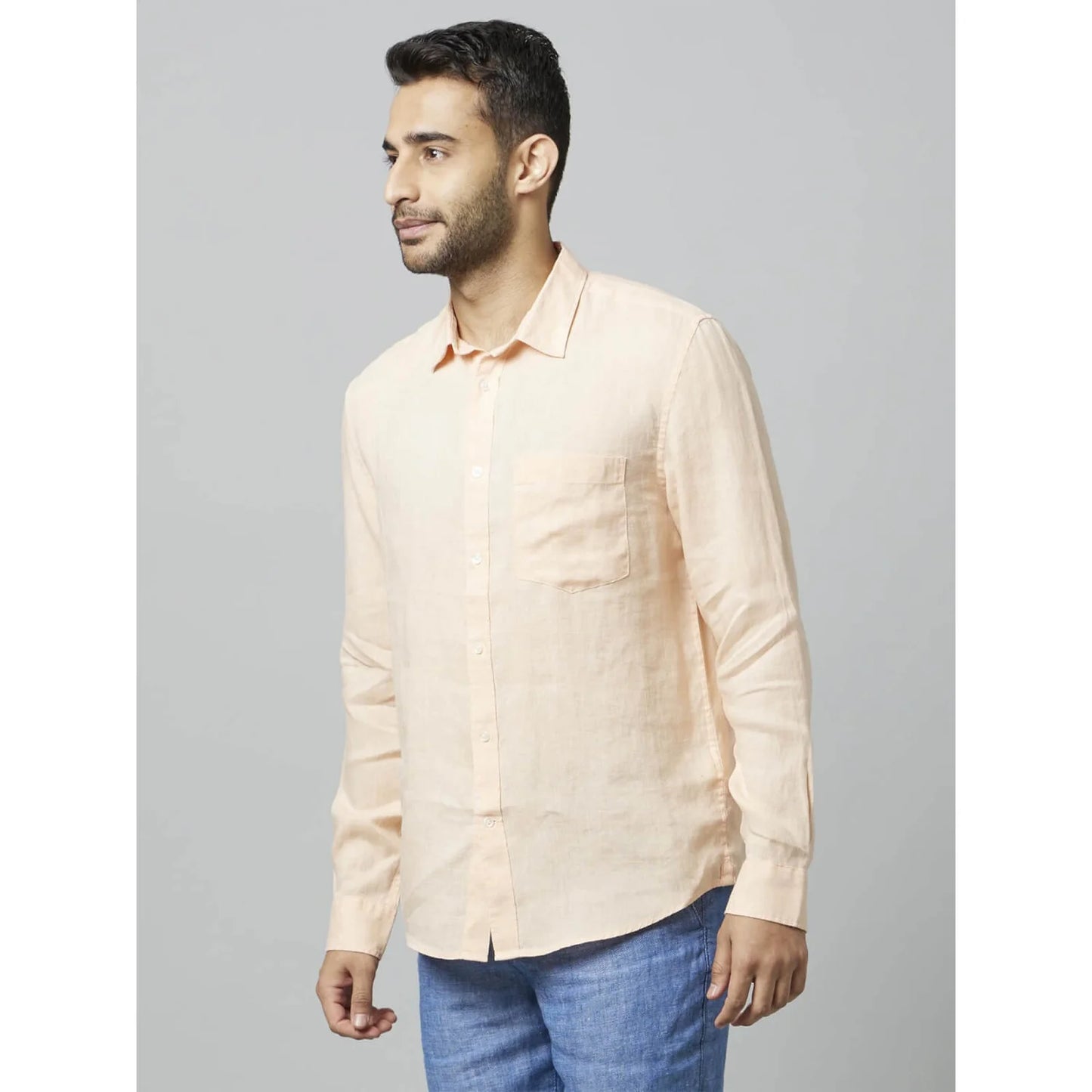 Celio* Solid Regular Fit Linen Peach Shirt