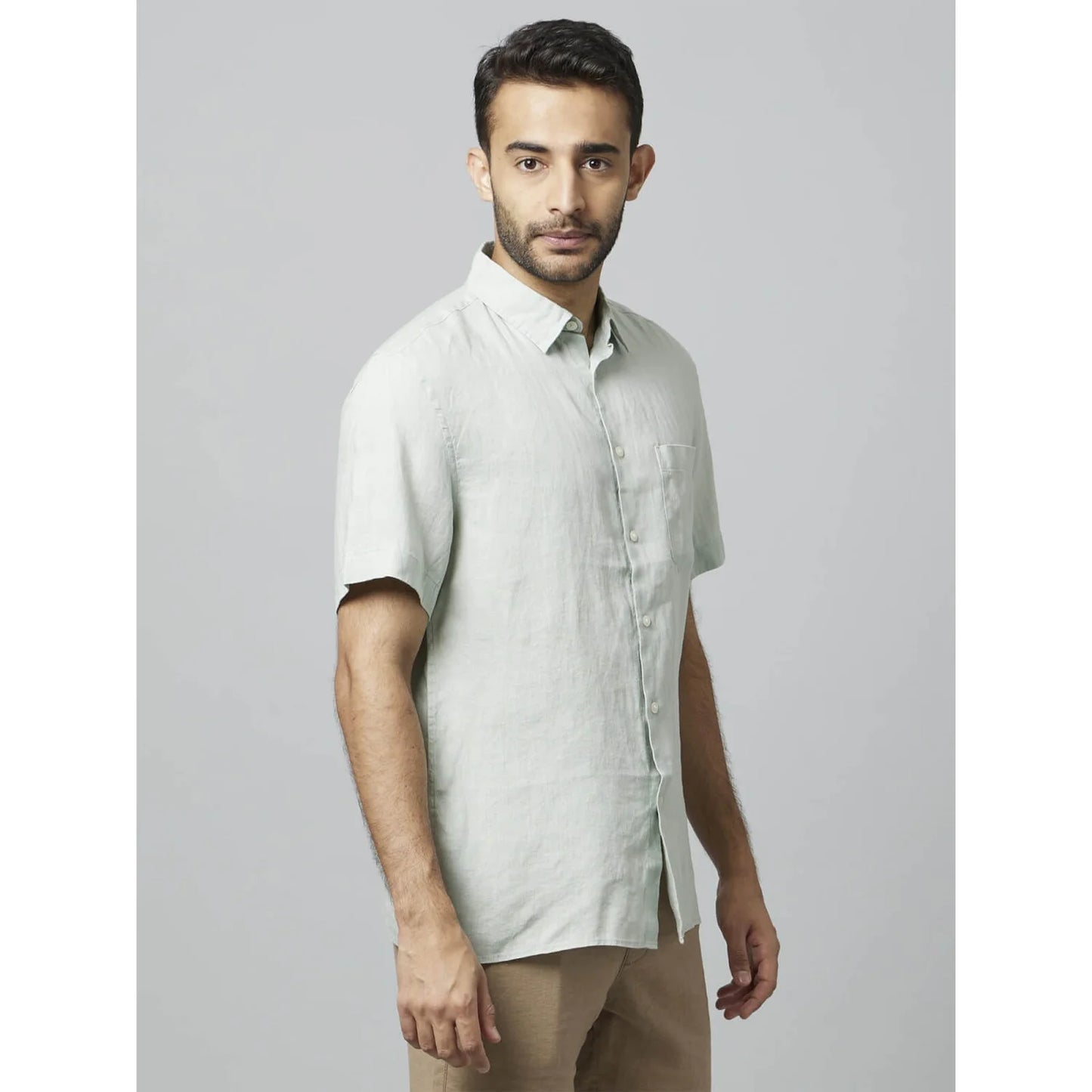 Celio* Solid Regular Fit Linen Green Shirt