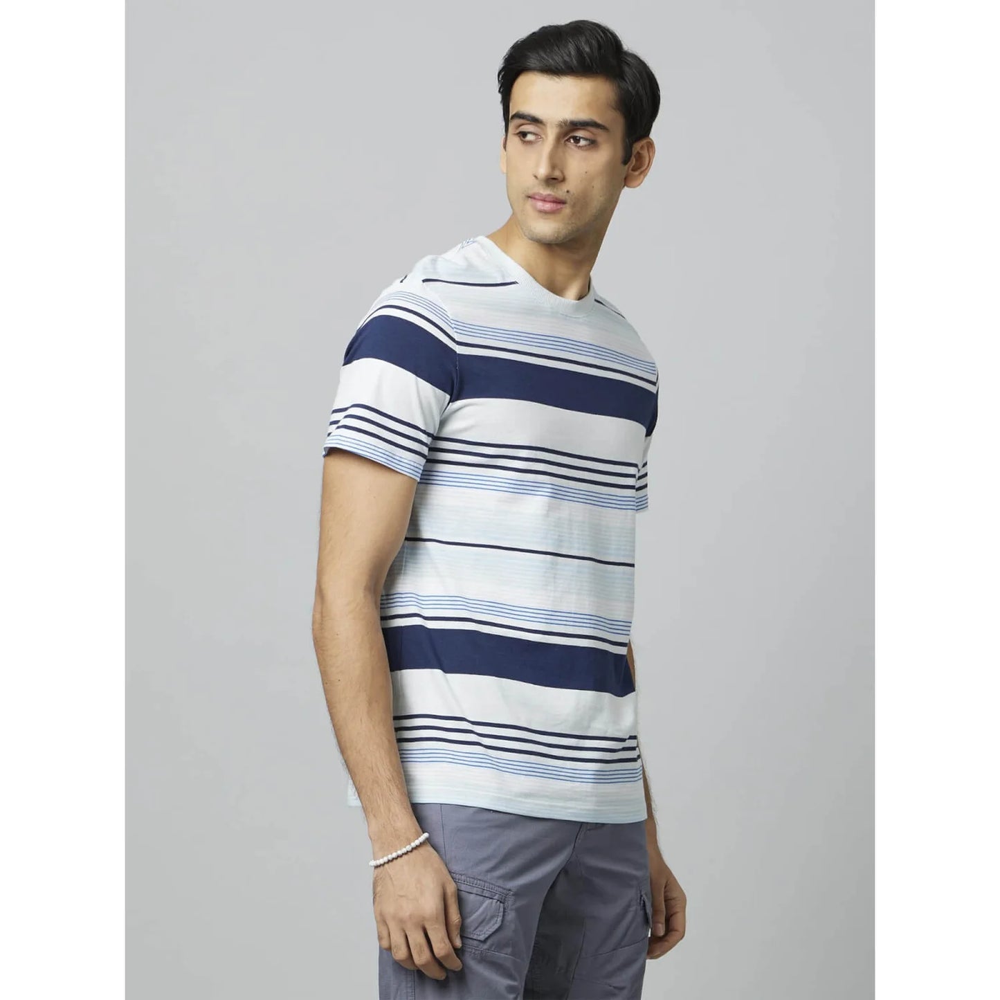 Celio* Striped Regular Fit Cotton White T-Shirt