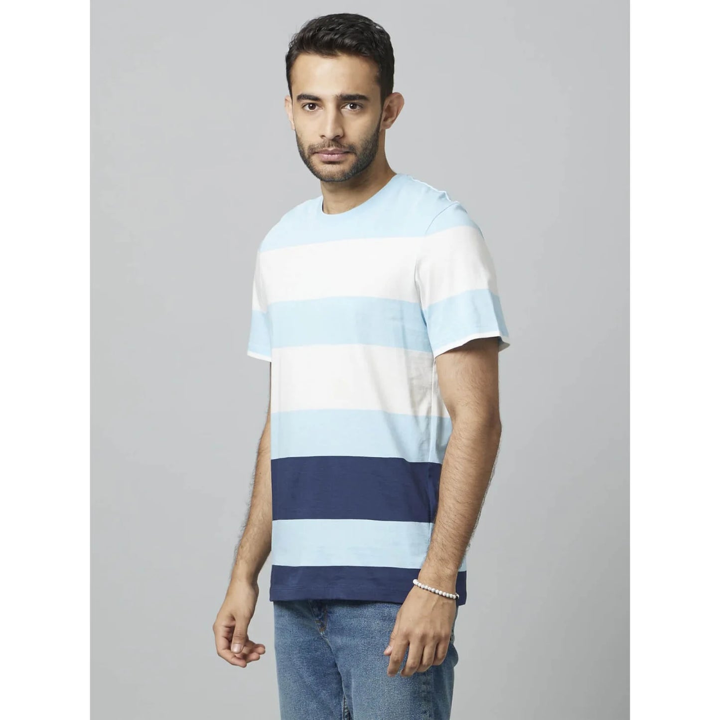 Celio* Striped Regular Fit Cotton Blue T-Shirt