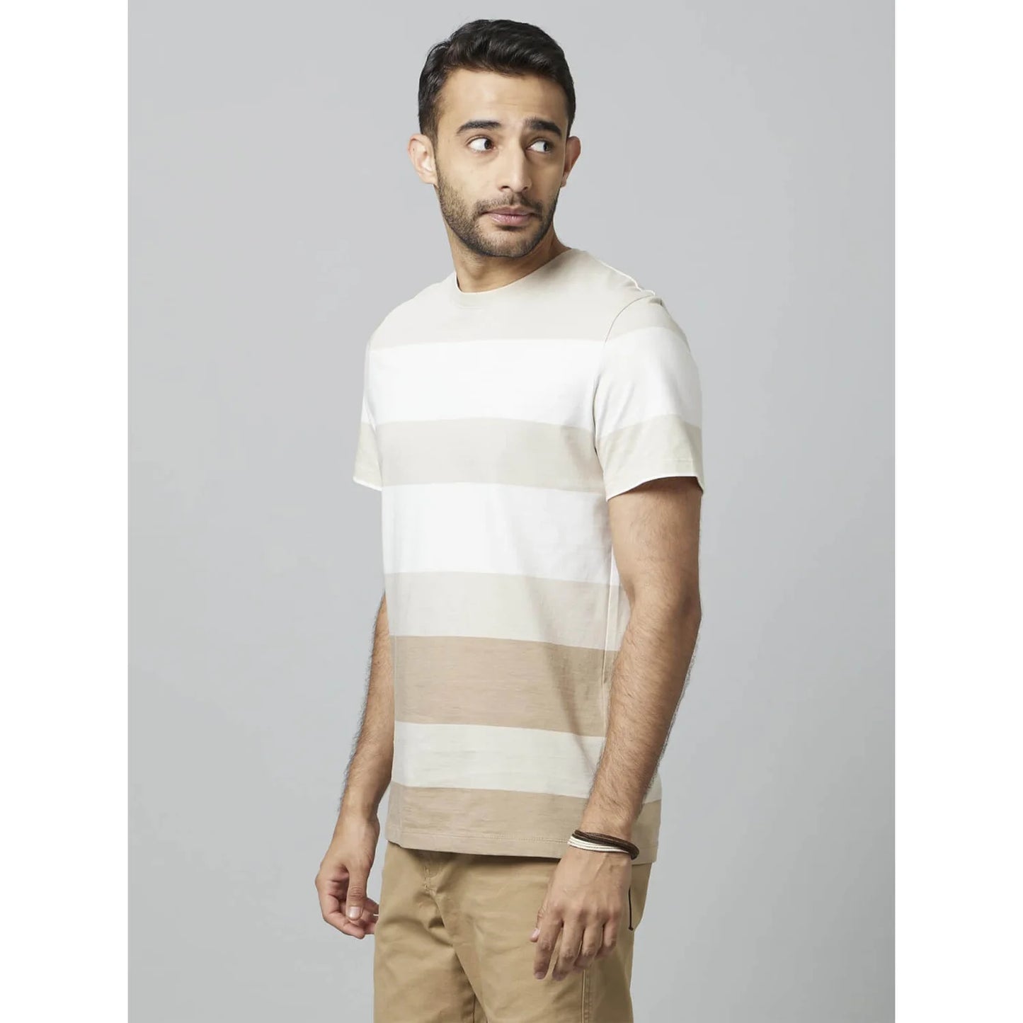 Celio* Striped Regular Fit Cotton Beige T-Shirt