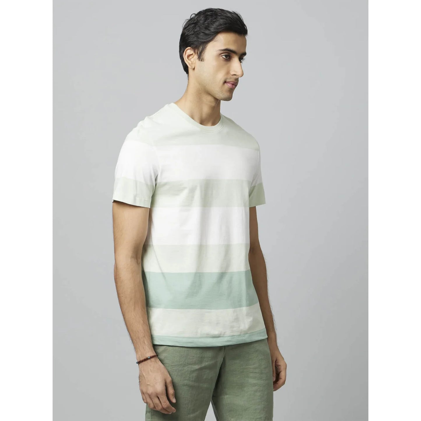 Celio* Striped Regular Fit Cotton Green T-Shirt