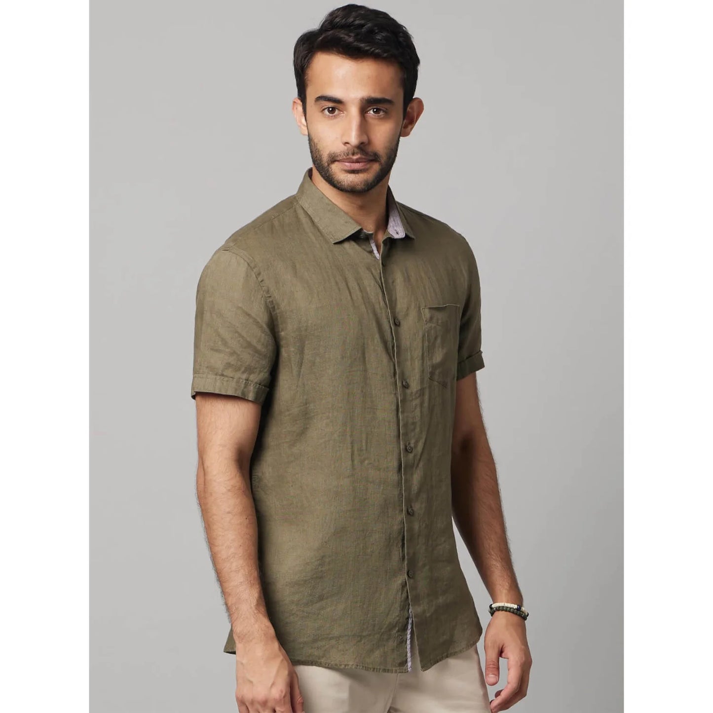 Celio* Solid Regular Fit Linen Olive Shirt