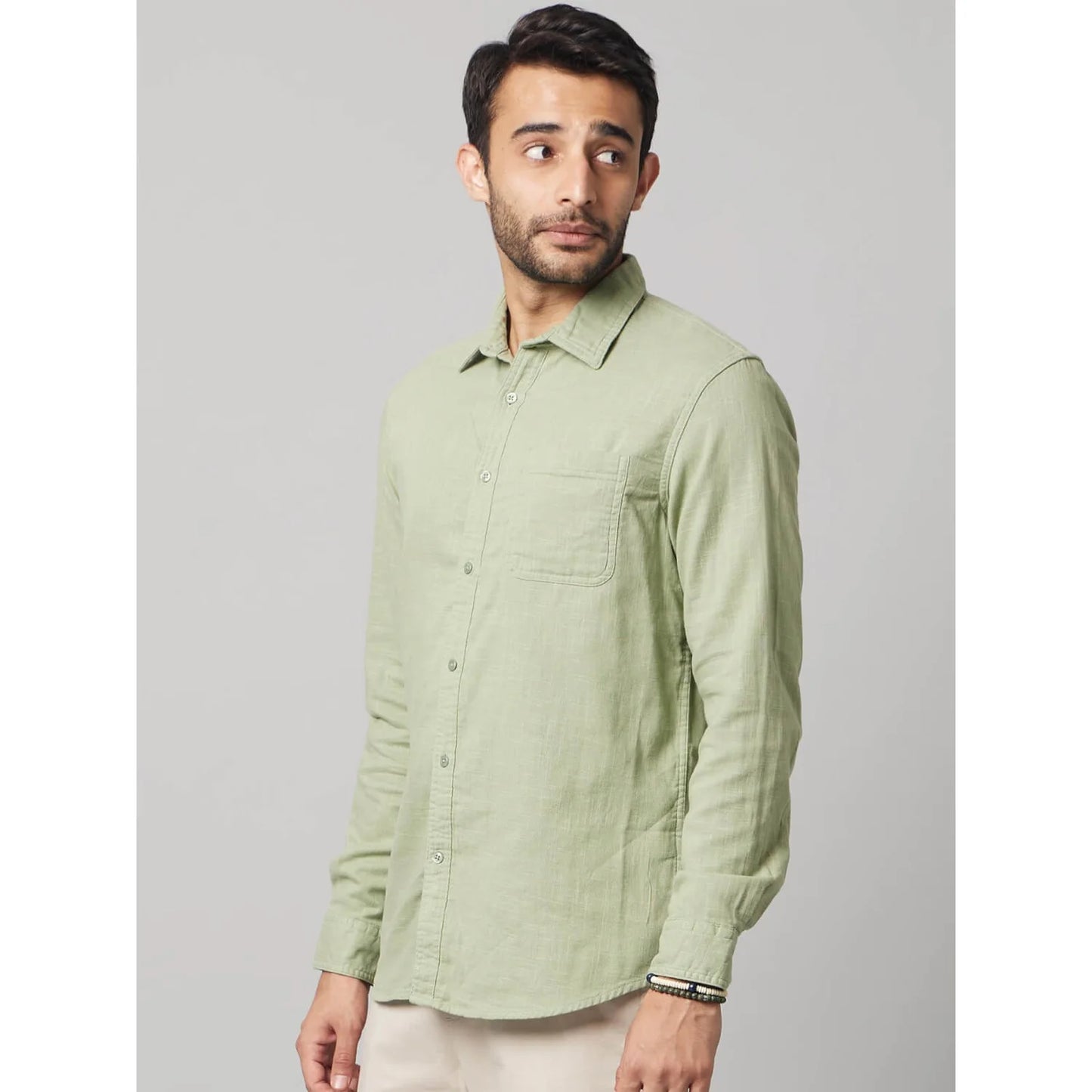 Celio* Solid Regular Fit Cotton Green Shirt