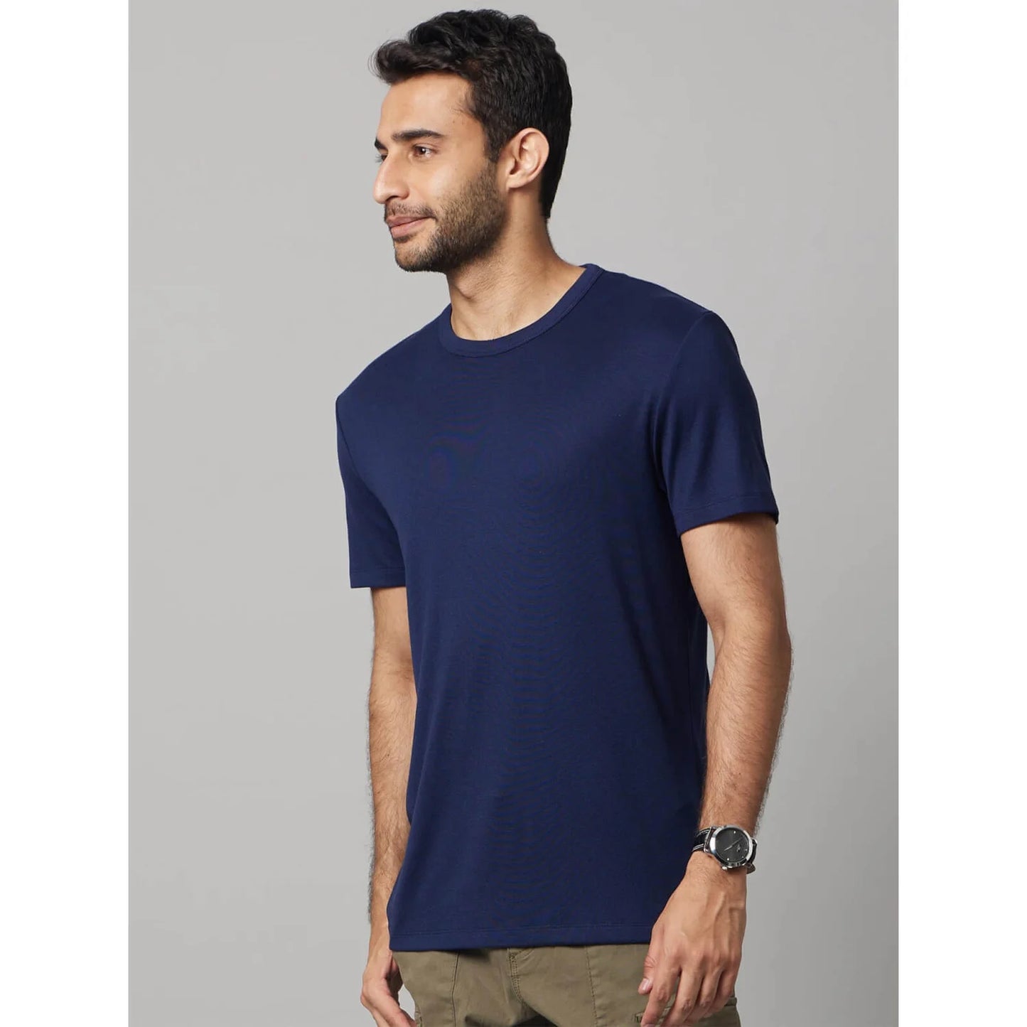 Celio* Solid Regular Fit Viscose-Blend Navy Blue T-Shirt
