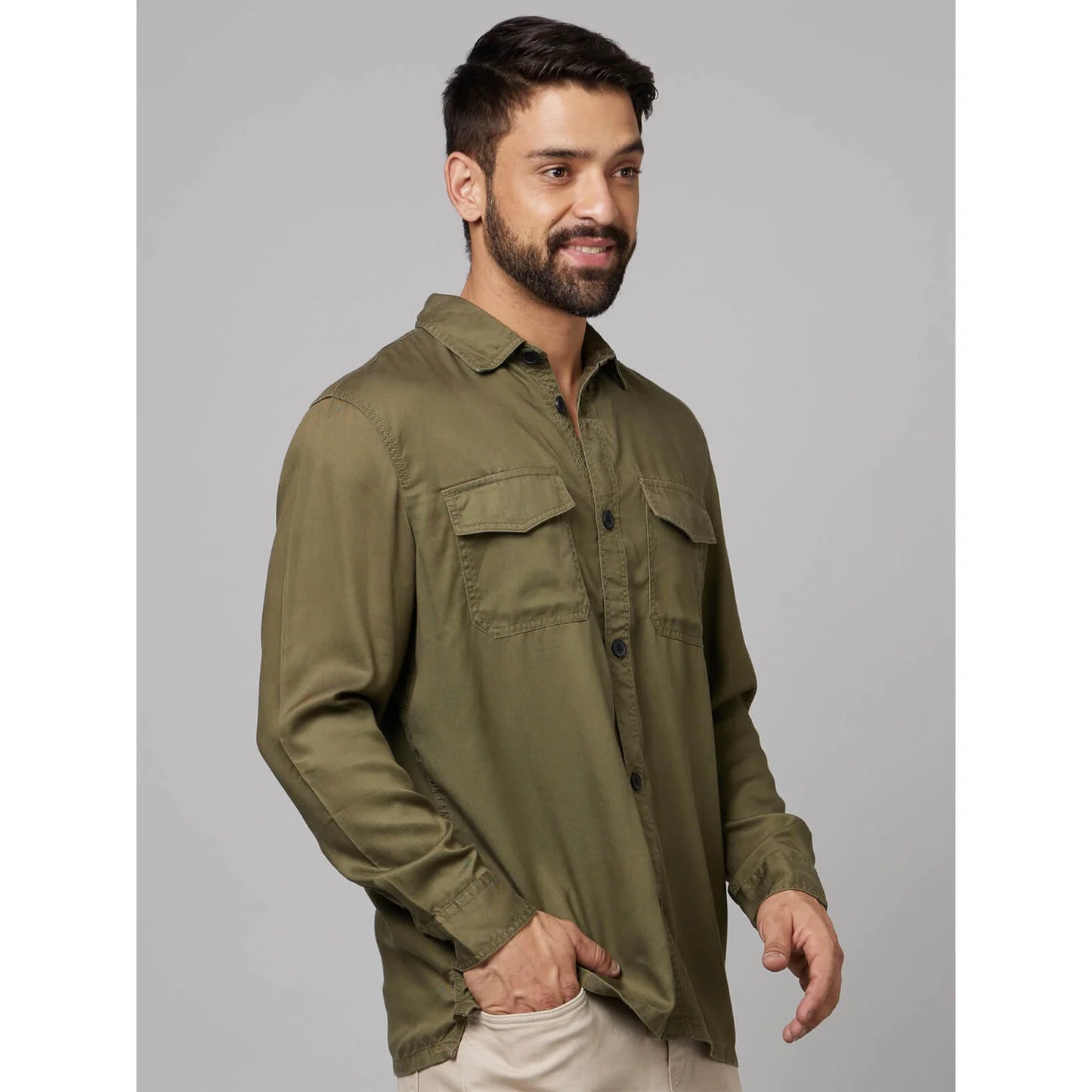 Celio* Solid Regular Fit Cotton Green Shirt