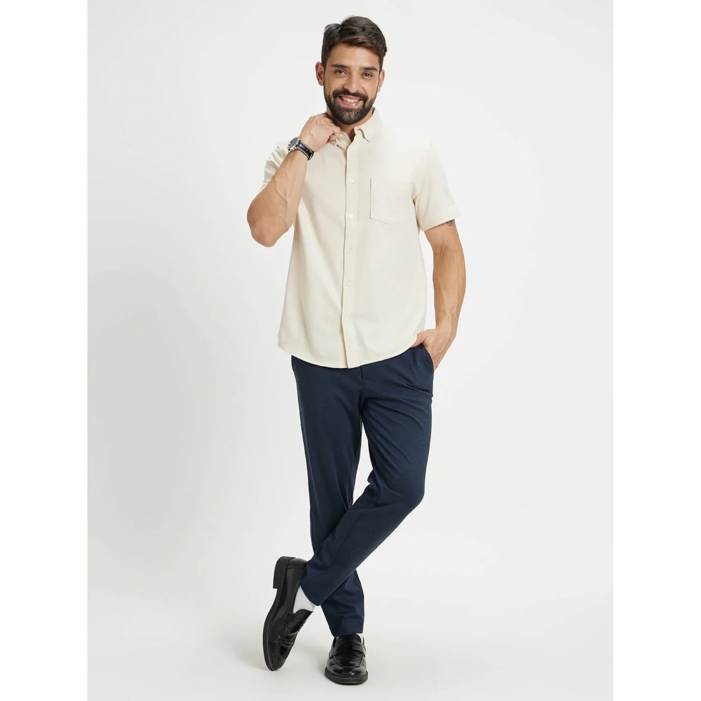 Celio* Solid Slim Fit Cotton Off White Shirt