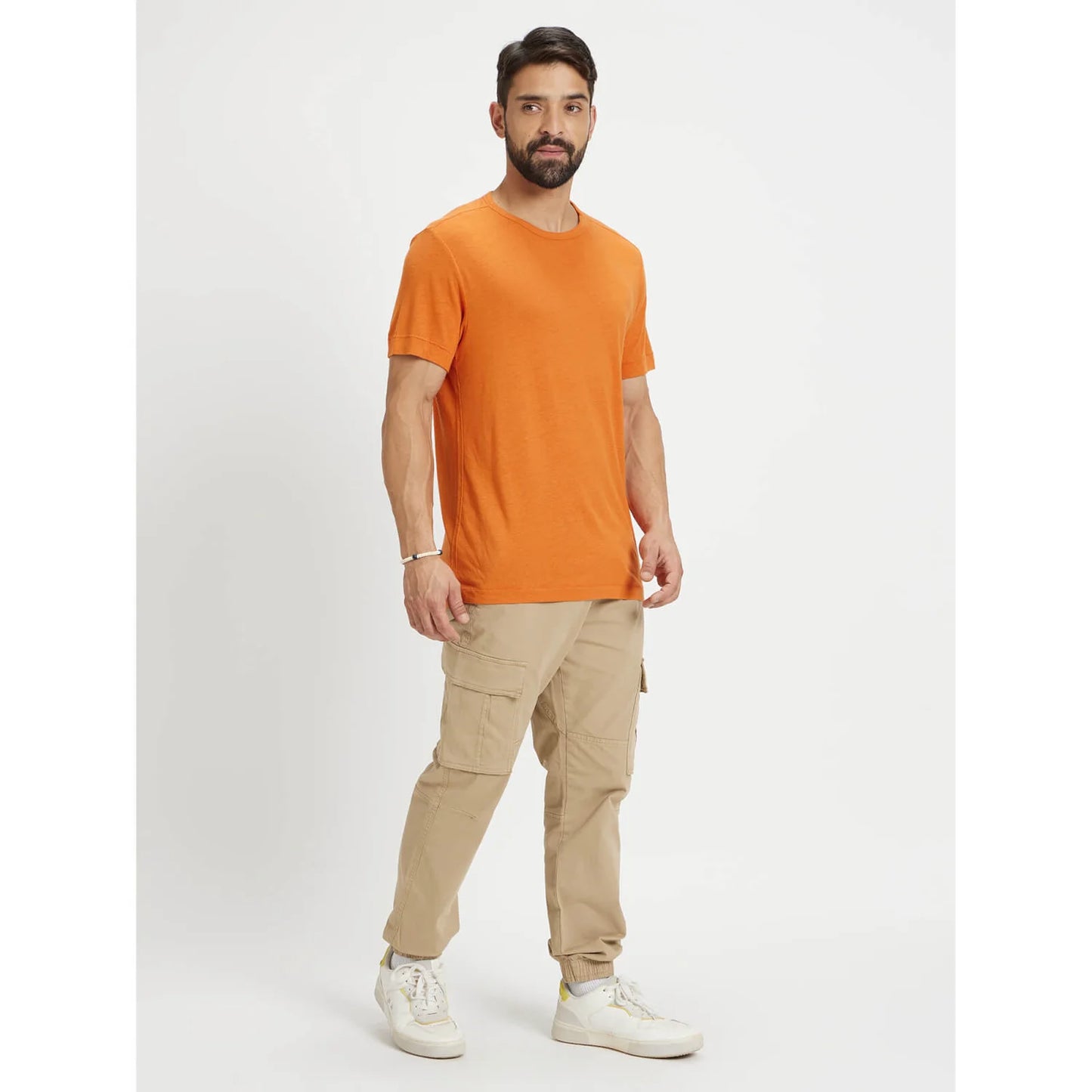Celio* Solid Regular Fit Linen-Blend Orange T-Shirt