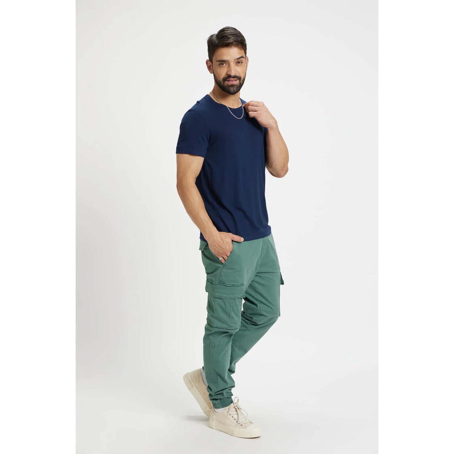 Celio* Solid Regular Fit Linen-Blend Navy Blue T-Shirt