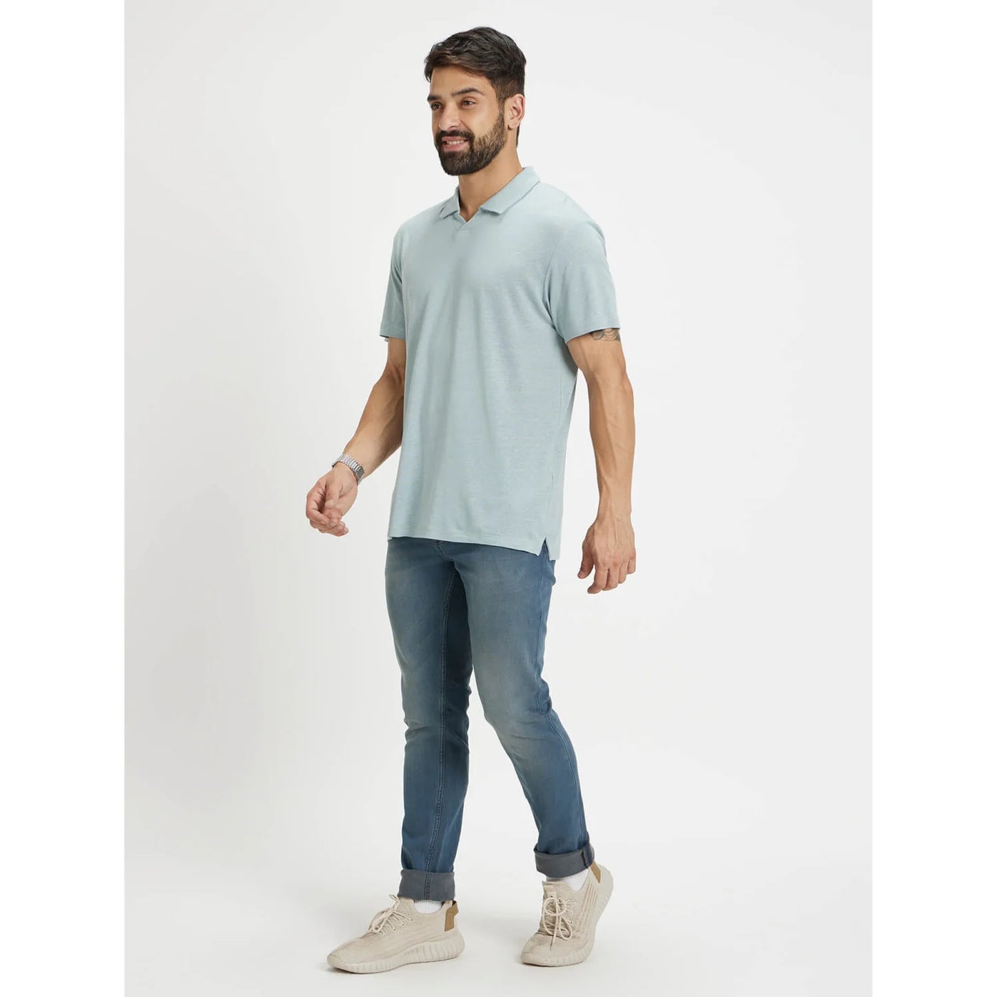 Celio* Solid Regular Fit Linen-Blend Blue T-Shirt