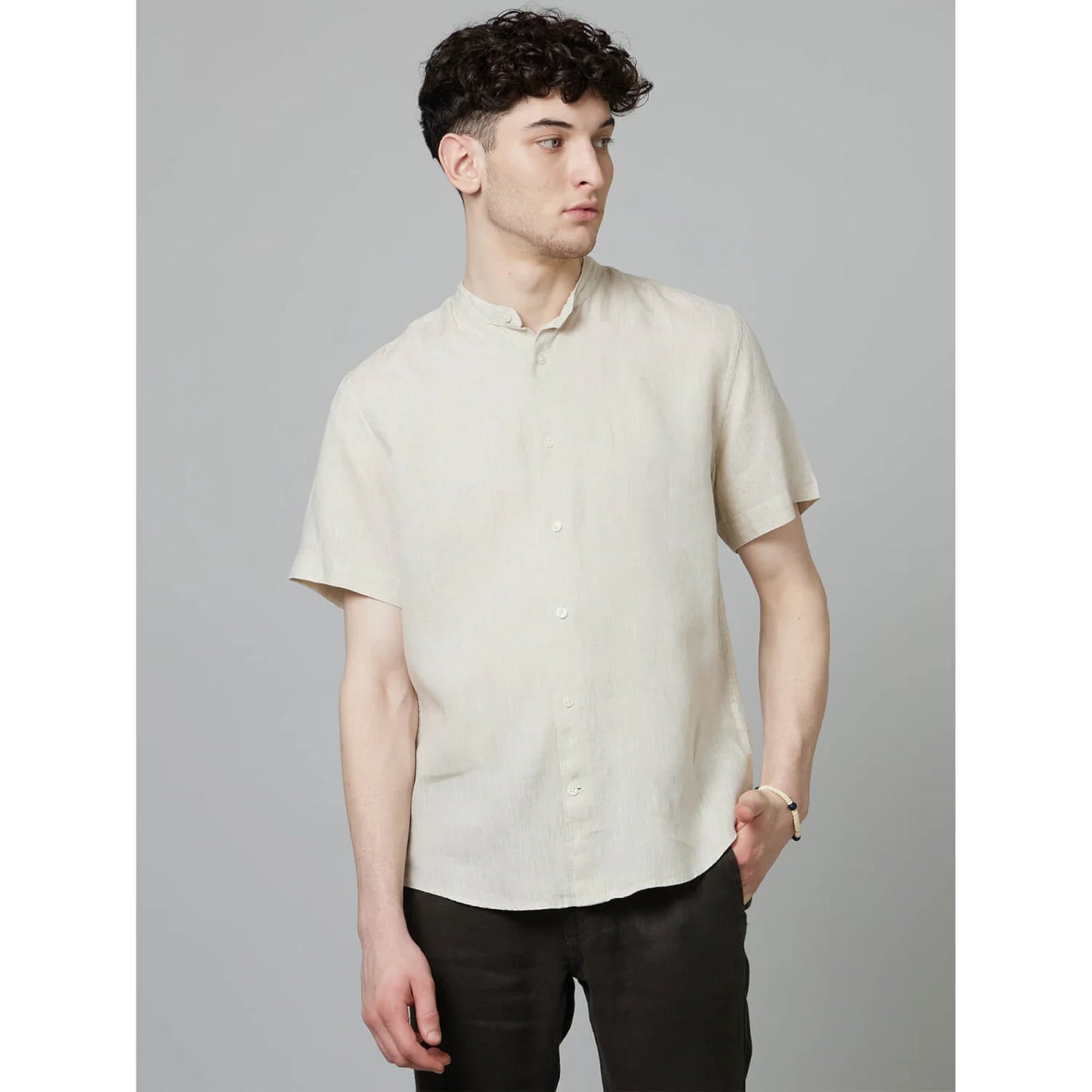 Celio* Solid Regular Fit Linen Beige Shirt